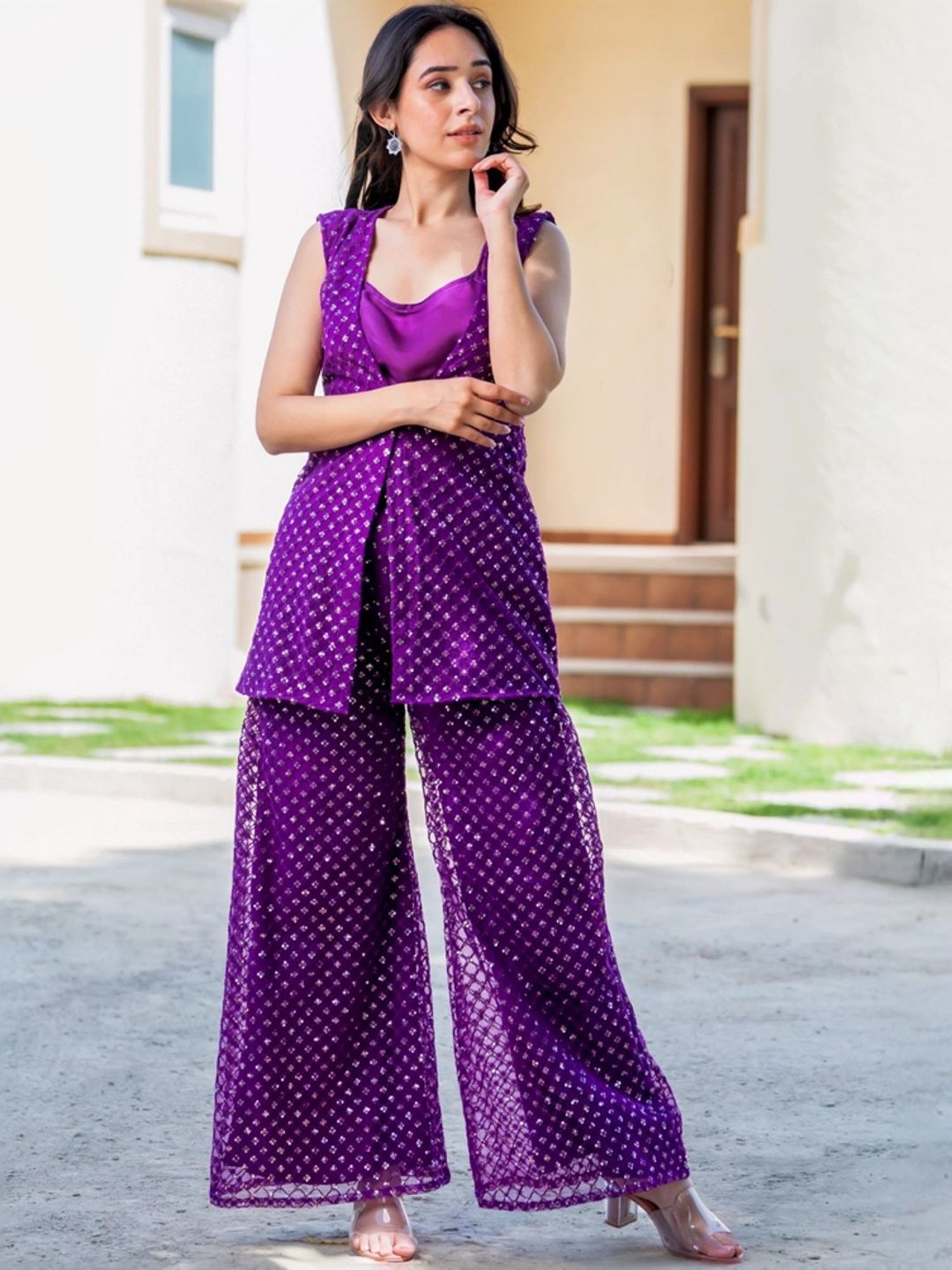 HOUSE OF JAMOTI Purple Embellished Tunic Palazzo Set