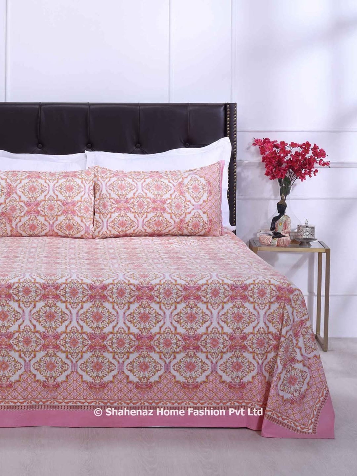 Shahenaz Pink 120 TC Cotton Nandini Double Bedsheet with 2 Pillow Covers