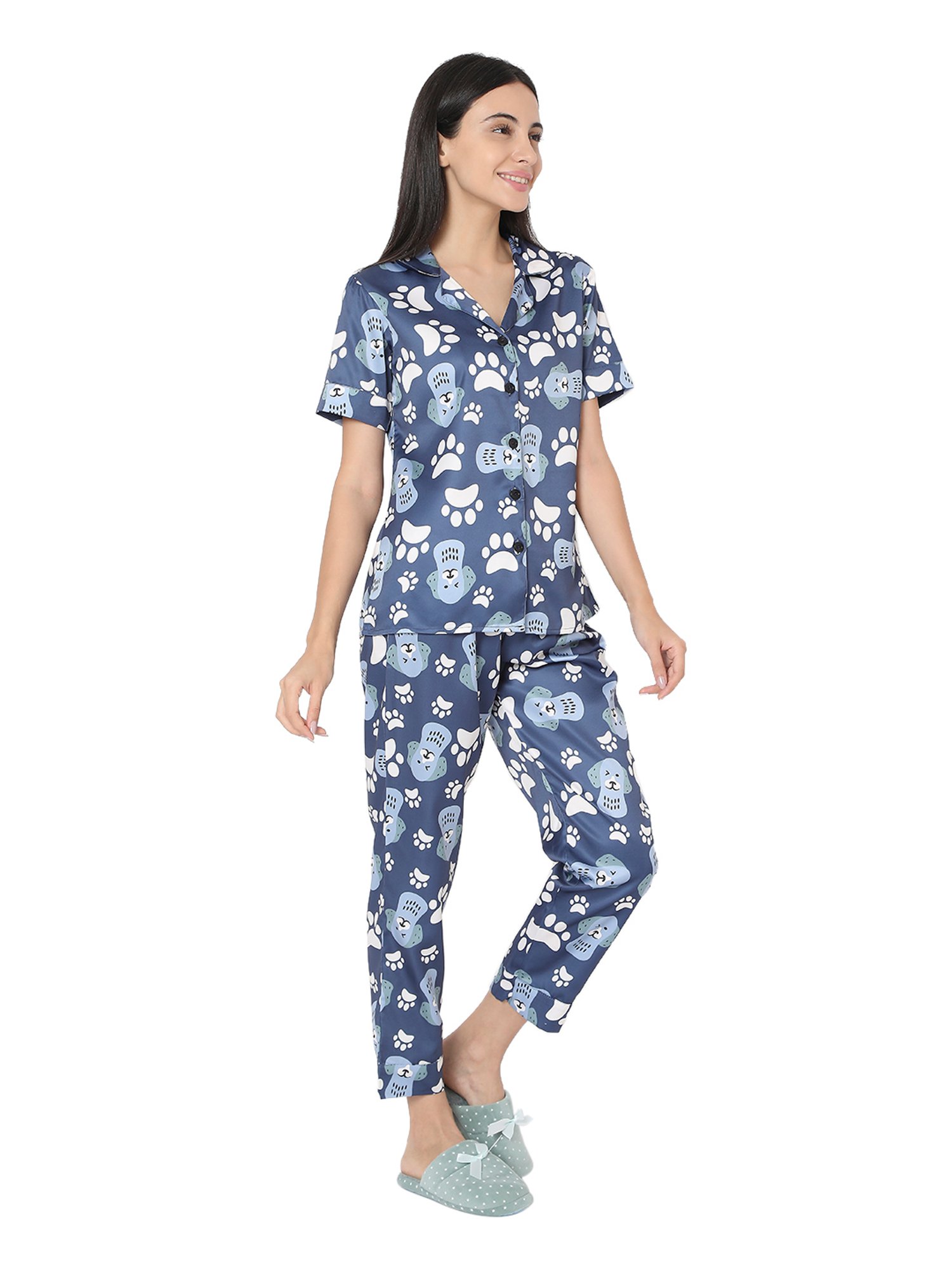 Smarty Pants Blue Satin Animal Print Shirt With Pyjamas
