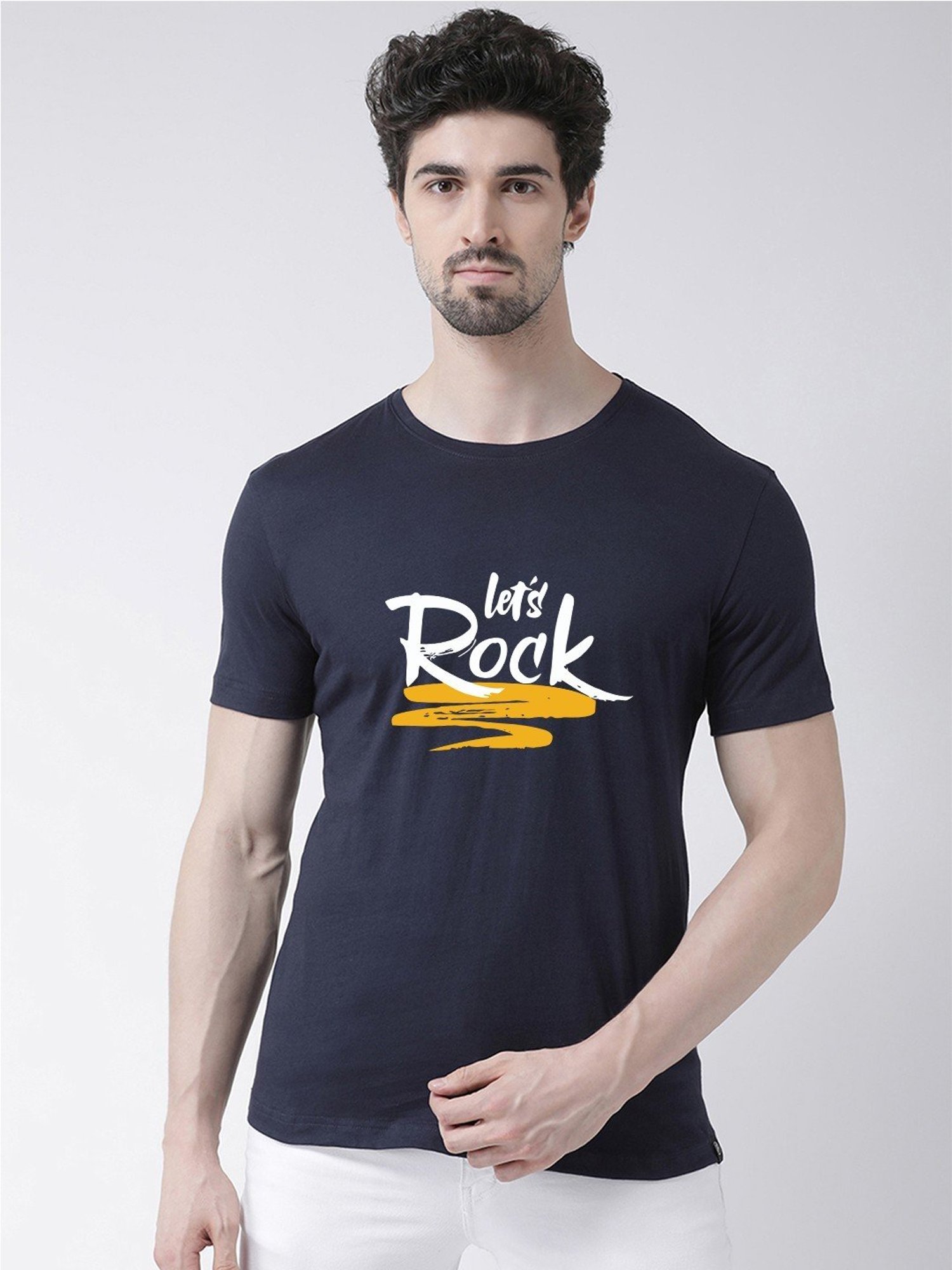 Friskers Navy Blue Cotton Slim Fit Printed T-Shirt