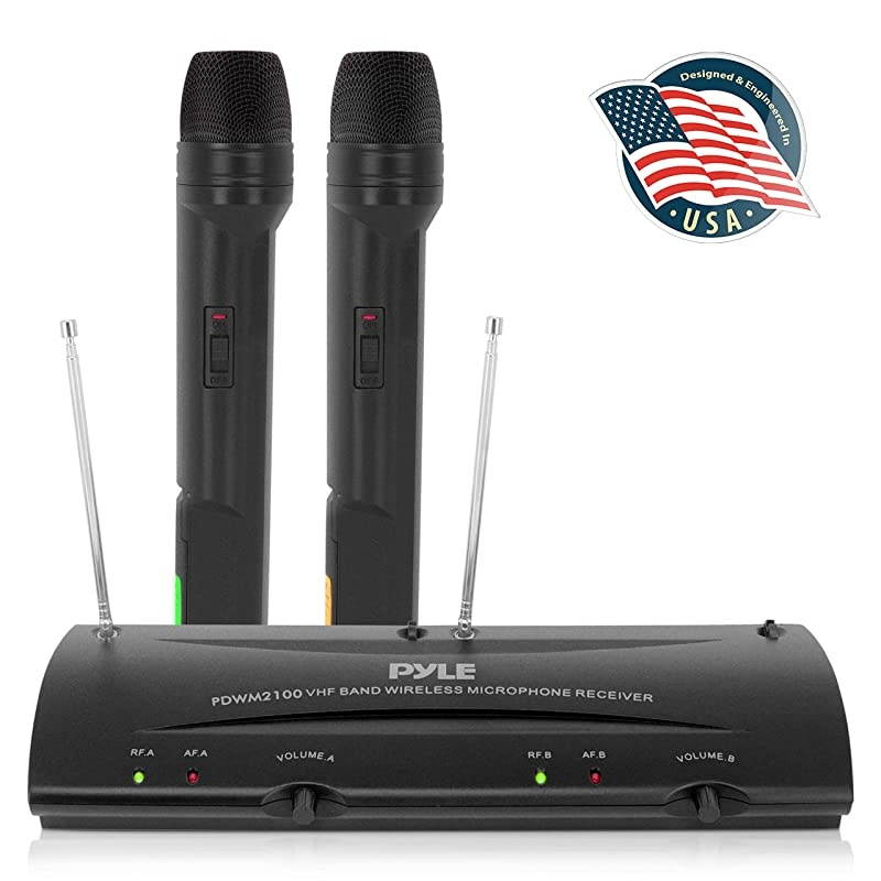 Dual Channel VHF Professional Wireless Microphone System Set with 2 Handheld Microphones, Receiver Base, 1/4'' Audio Connection Cable, Power Adapter - For Karaoke, PA, Public Event - PDWM2100