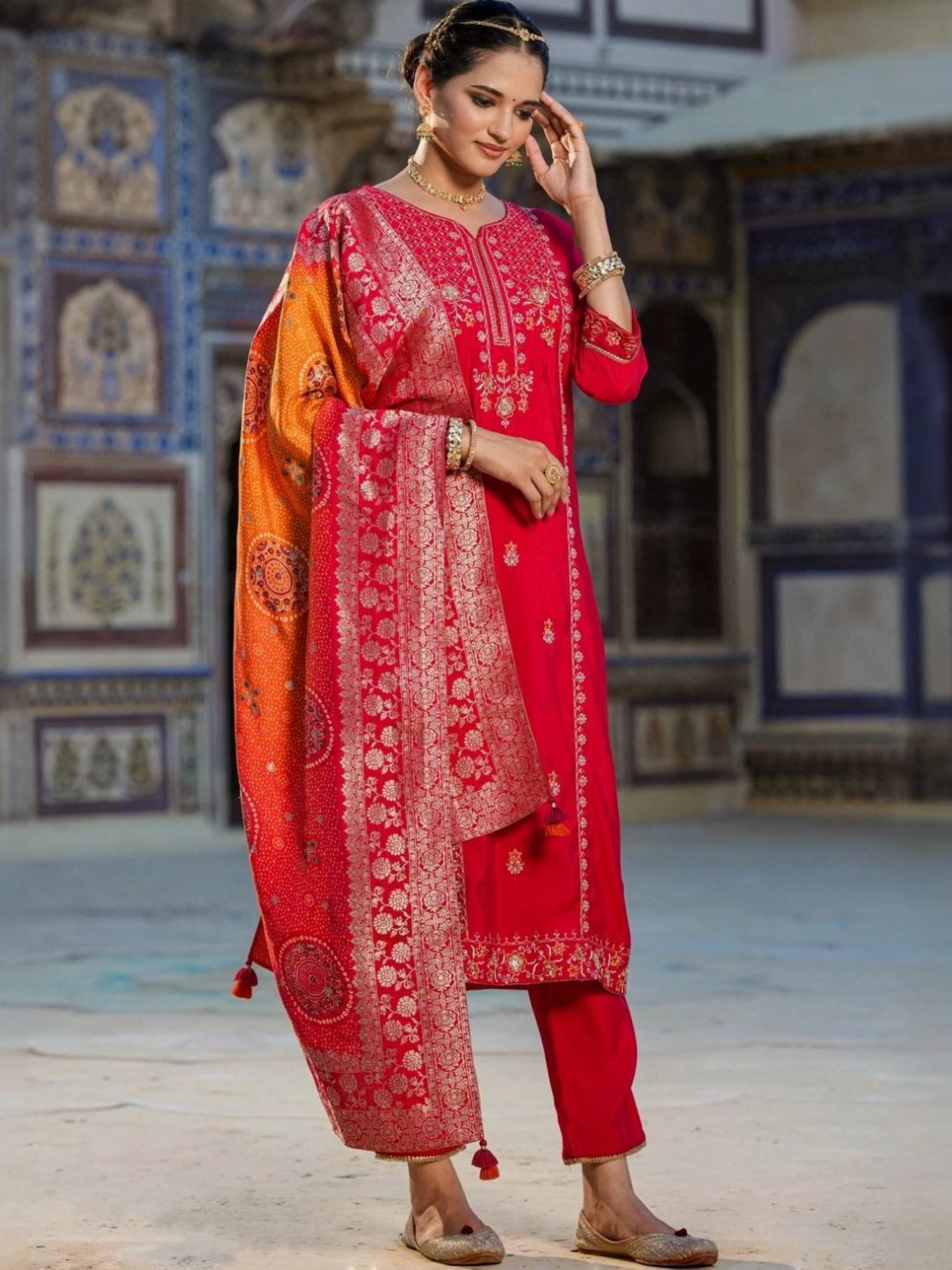 Scakhi Red Viscose Silk Embroidered Suit Set Kurta With Pant And Jacquard Dupatta