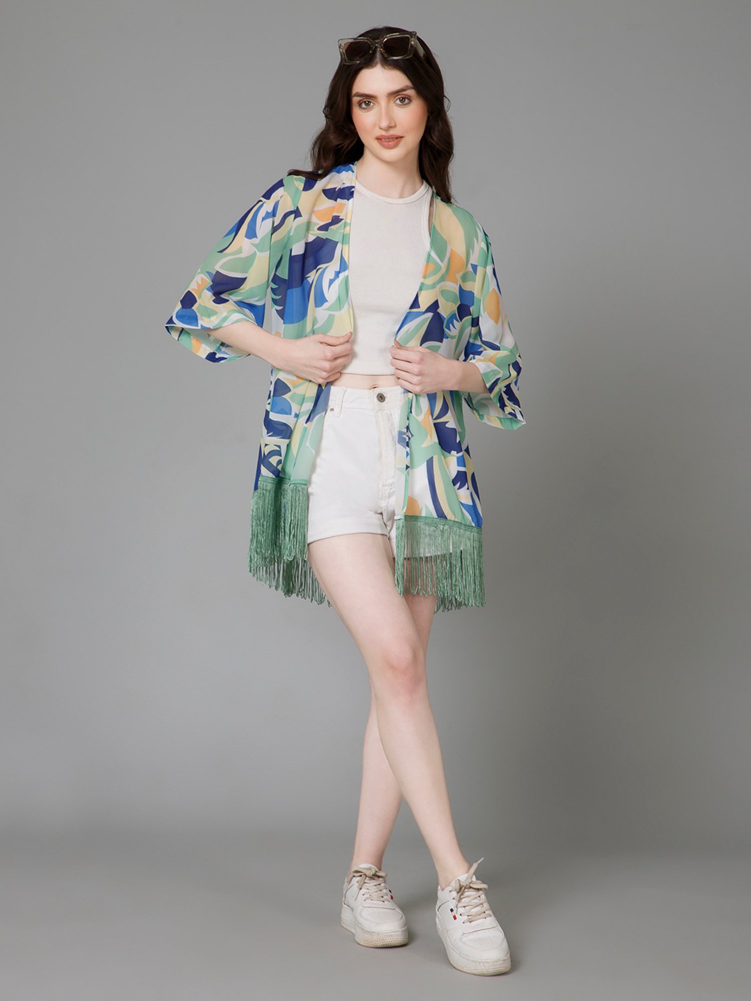 PURYS White & Green Printed Kimono
