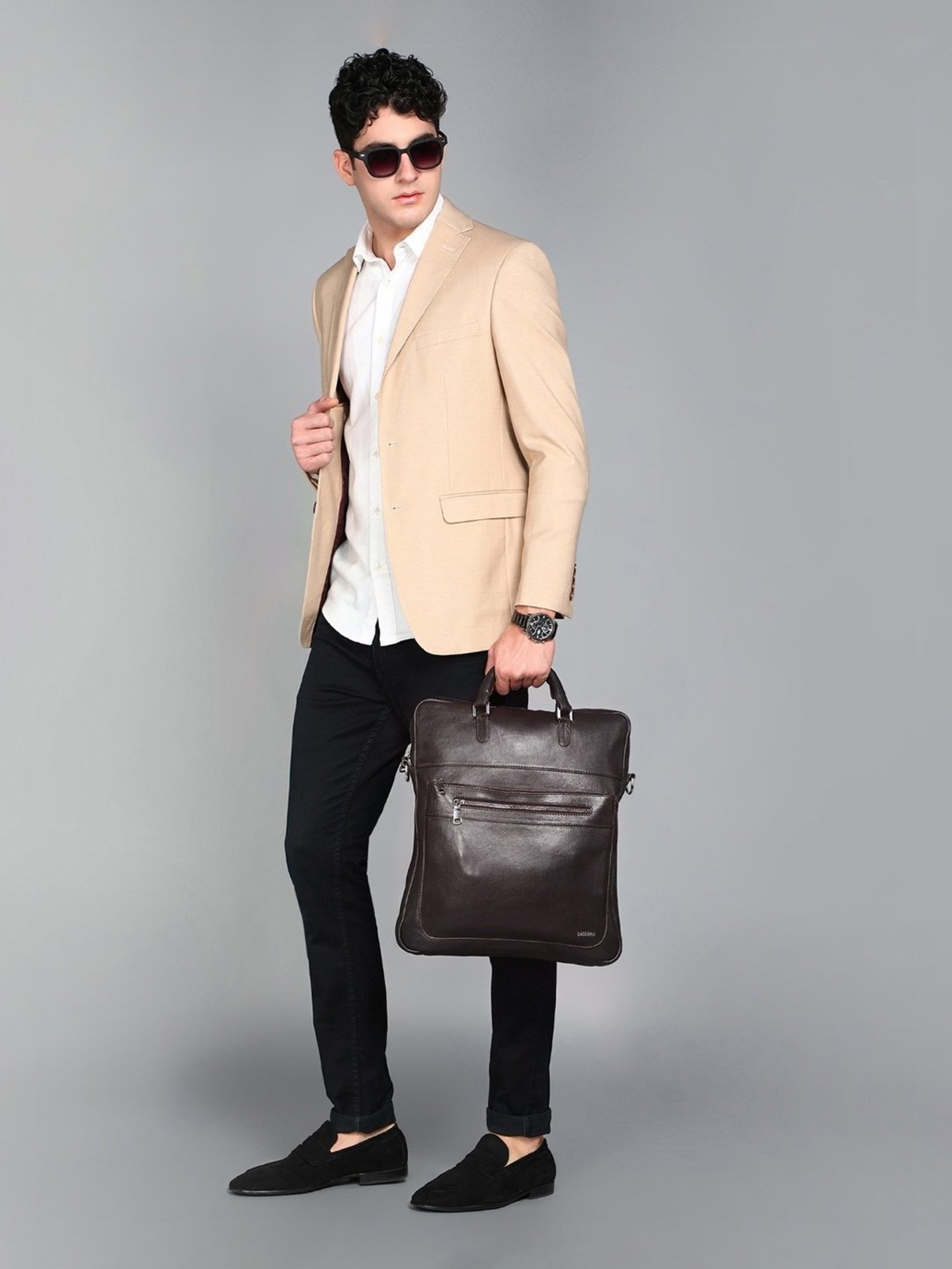 SASSORA JONAS Brown Leather Large Messenger Bag