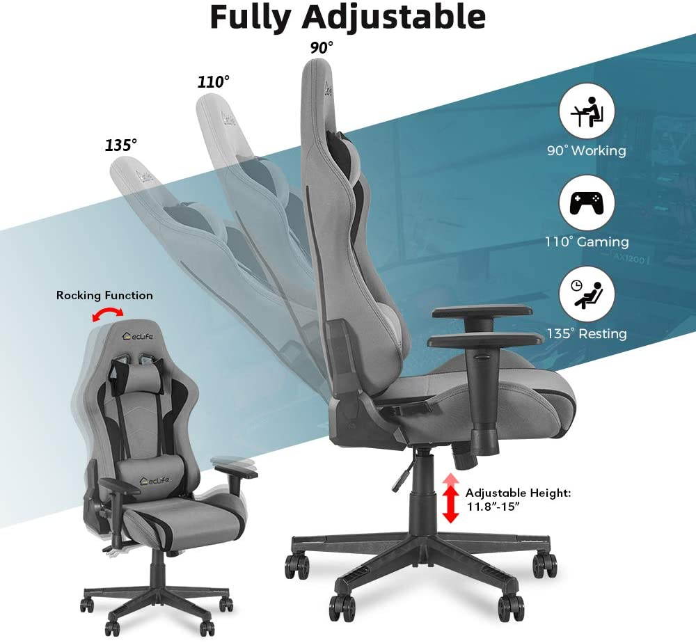 Eclife High Back Computer Game Chair with Adjustable Massage Lumbar Support and Headrest Racing Style Swivel Executive Office Desk Gaming Chair