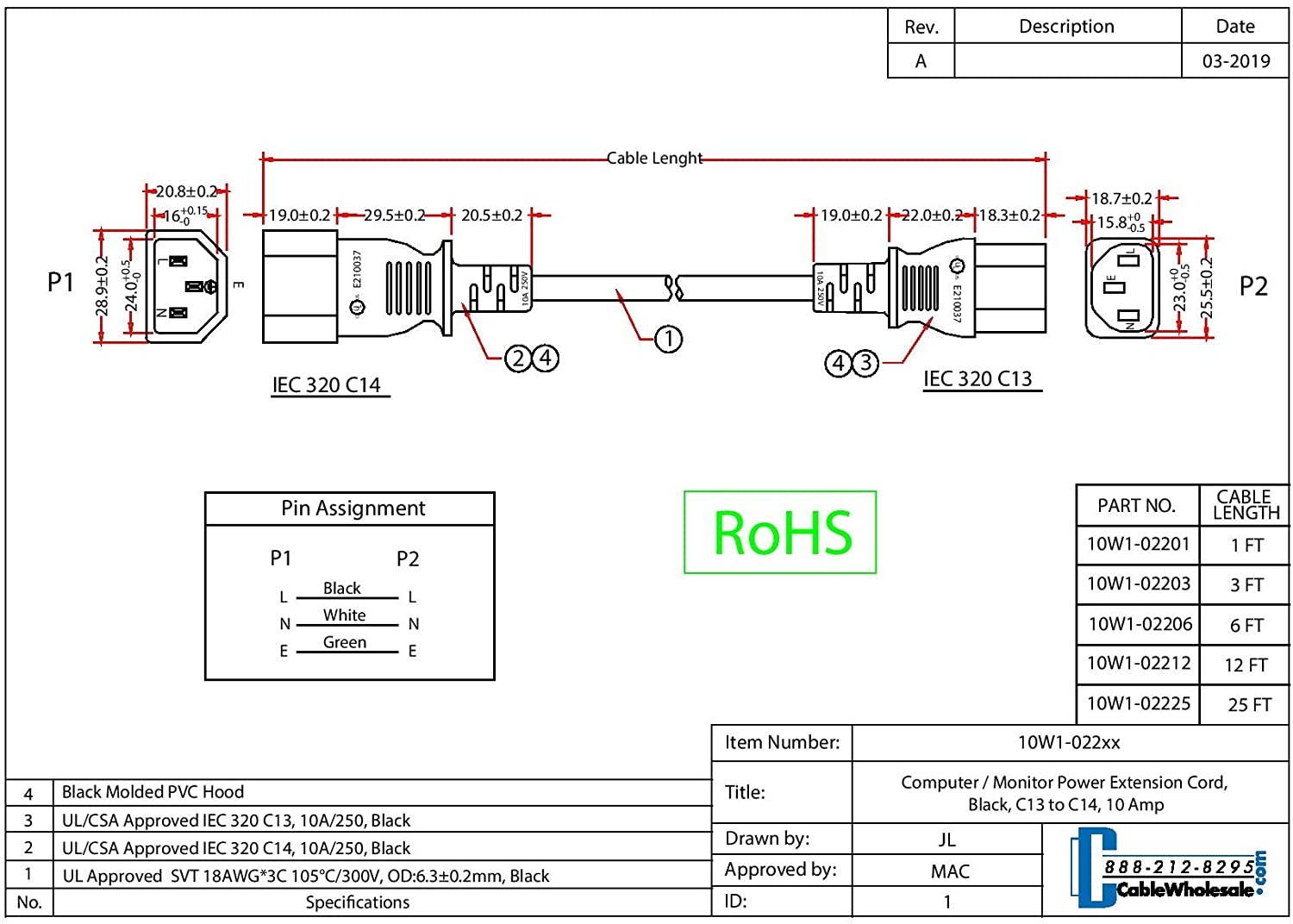 3 feet Computer/Monitor Power Cord, C13 Female to C14 Male Plug, 3 Pin, 18 AWG, SVT, 10 Amp, Power Cable for PC/Monitor, C13 to C14 Power Cord, Black, CableWholesale