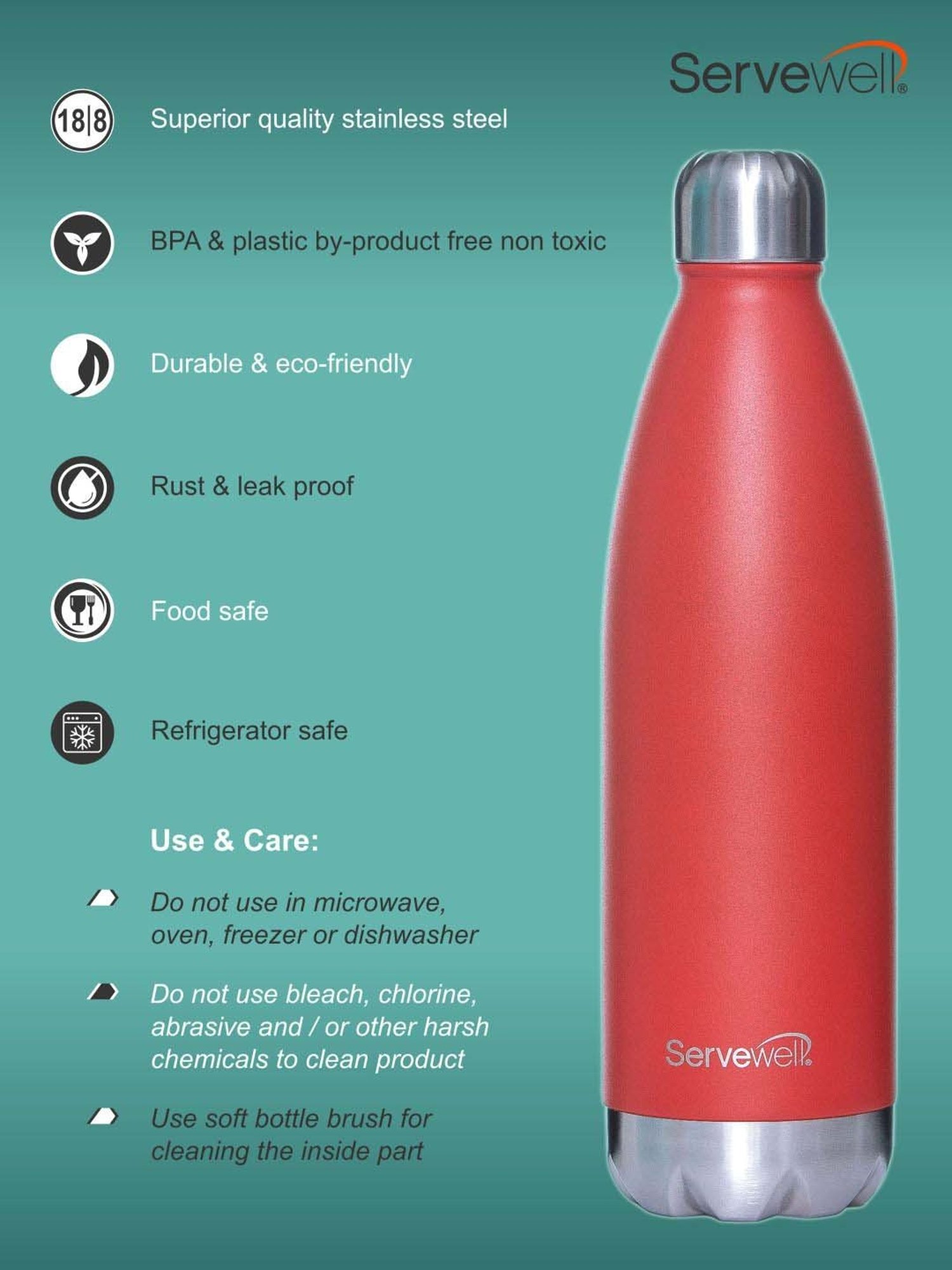 Servewell Fuji Red Steel Bali Single Wall Water Bottle (1 L)