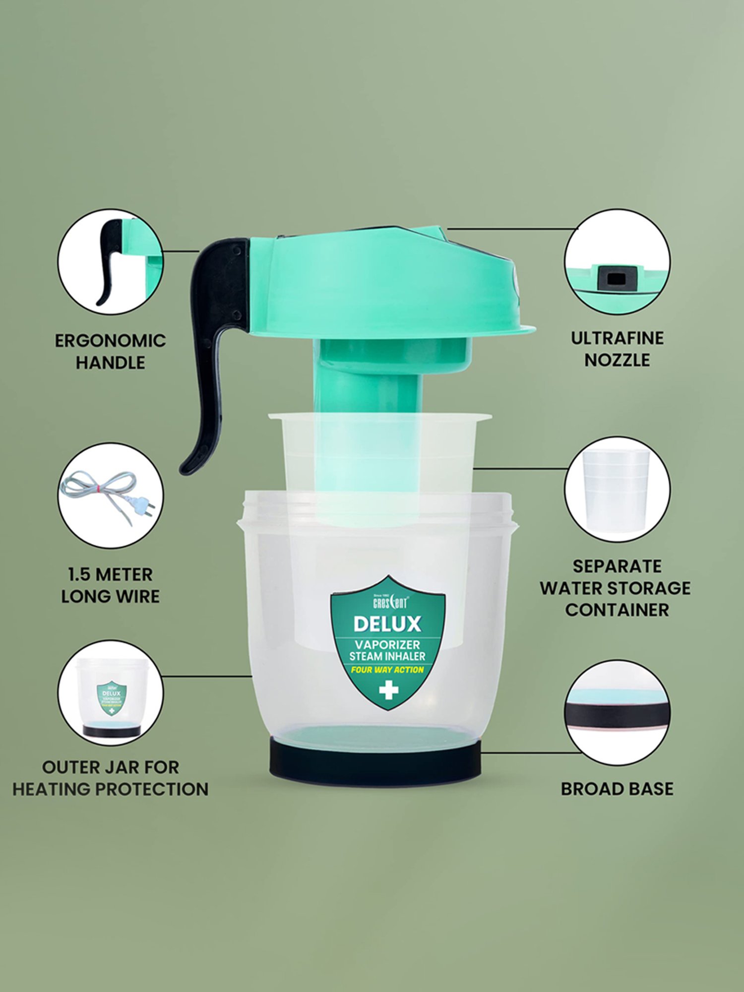 Crescent Delux Facial Steamer Vaporizer for Cold & Cough, Separate Water Container (Ice Green)