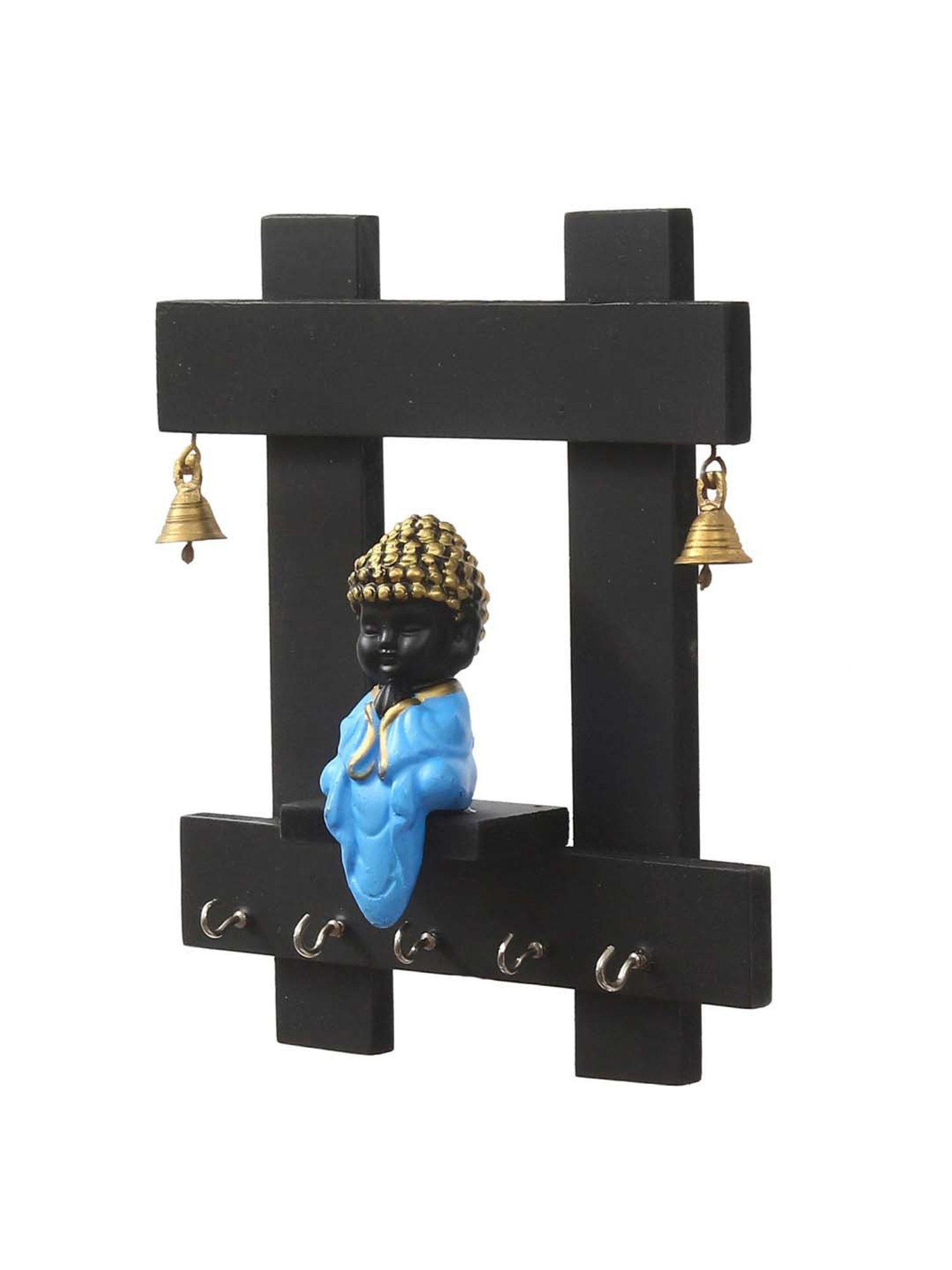 eCraftIndia Peaceful Buddha Sitting Wooden Keyholder with 5 Key Knobs