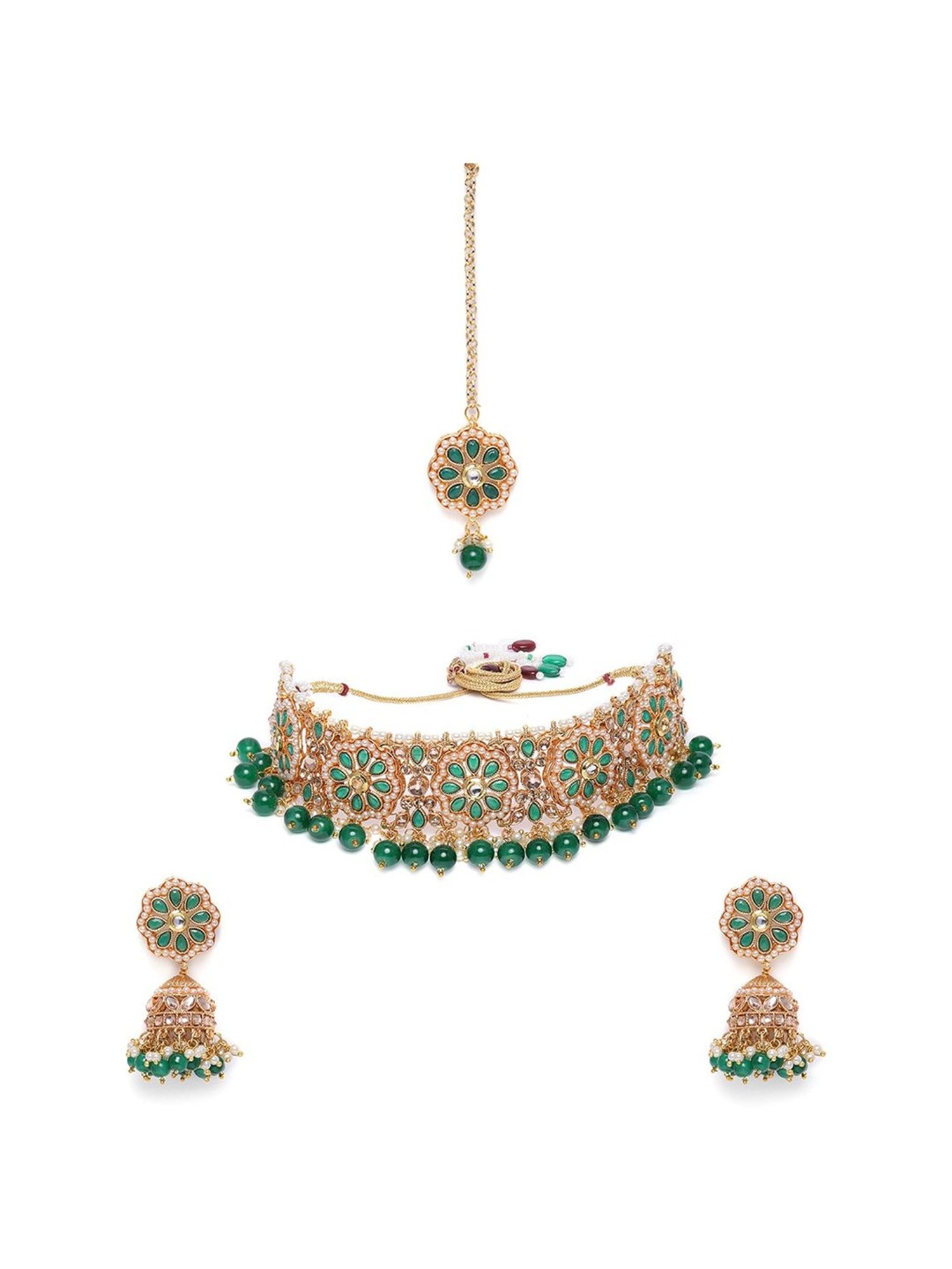 Zaveri Pearls Green Stones & Beads Wedding Collection Necklace Earring & Maangtikka Set-ZPFK10166