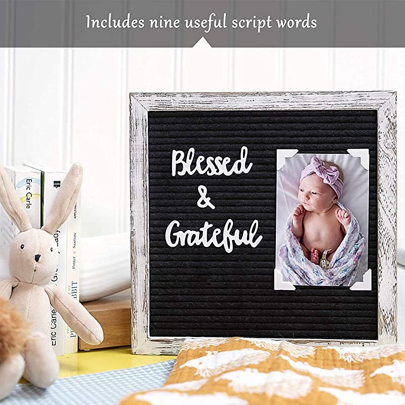 Letter Board with 10x10 Inch Rustic Wood Frame Script Words Precut Letters Picture Hangers Farmhouse Wall Decor Shabby Chic Vintage Decor Black Message Board