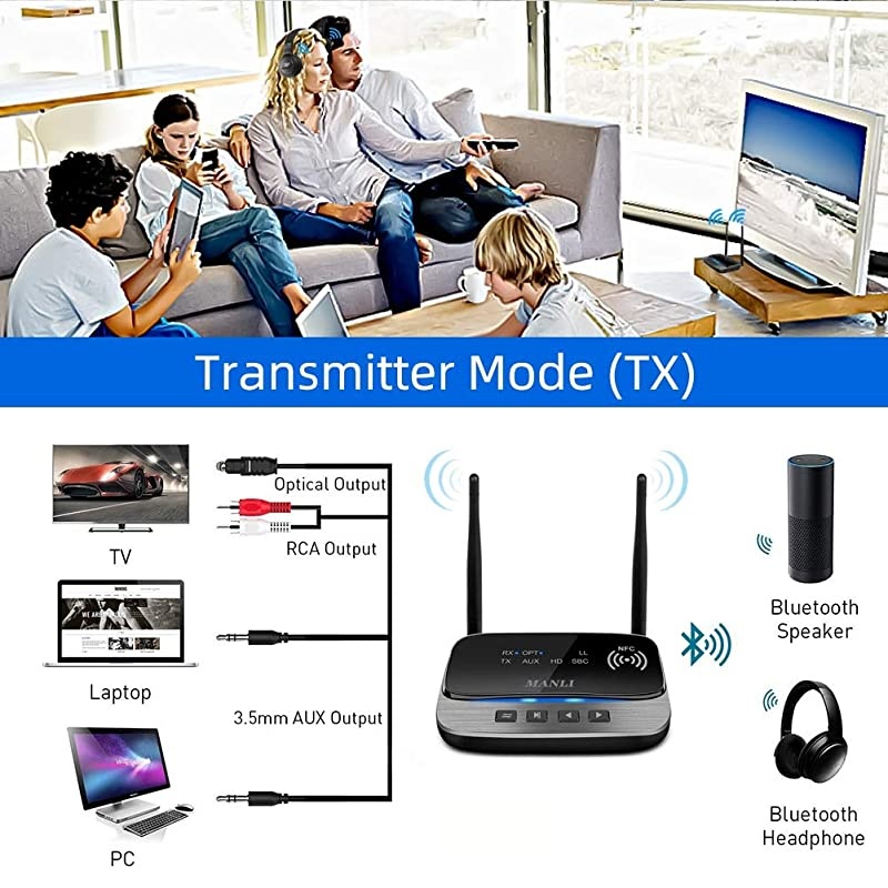Bluetooth 5.0 Transmitter,  3 in 1 Bluetooth Transmitter Receiver 265FT Long Range for PC,Car/TV/Home Stereo System, Support Low Latency, Optical RCA AUX 3.5mm