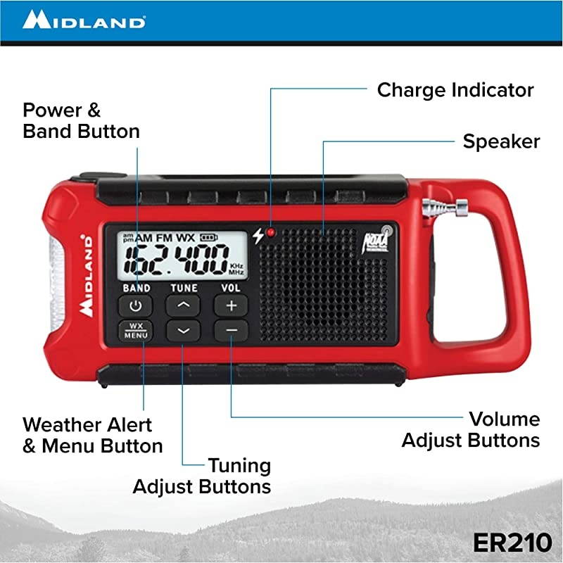 ER210 Emergency Compact Crank Weather AMFM Radio Multiple Power Sources SOS Emergency Flashlight NOAA Weather Scan + Alert amp SmartphoneTablet Charger RedBlack