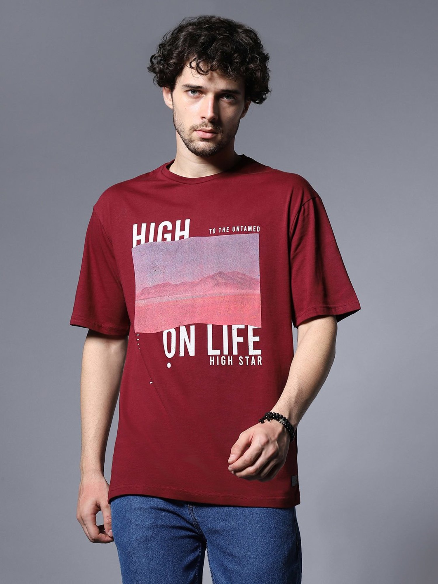 High Star Maroon Relaxed Fit Graphic Print T-Shirt