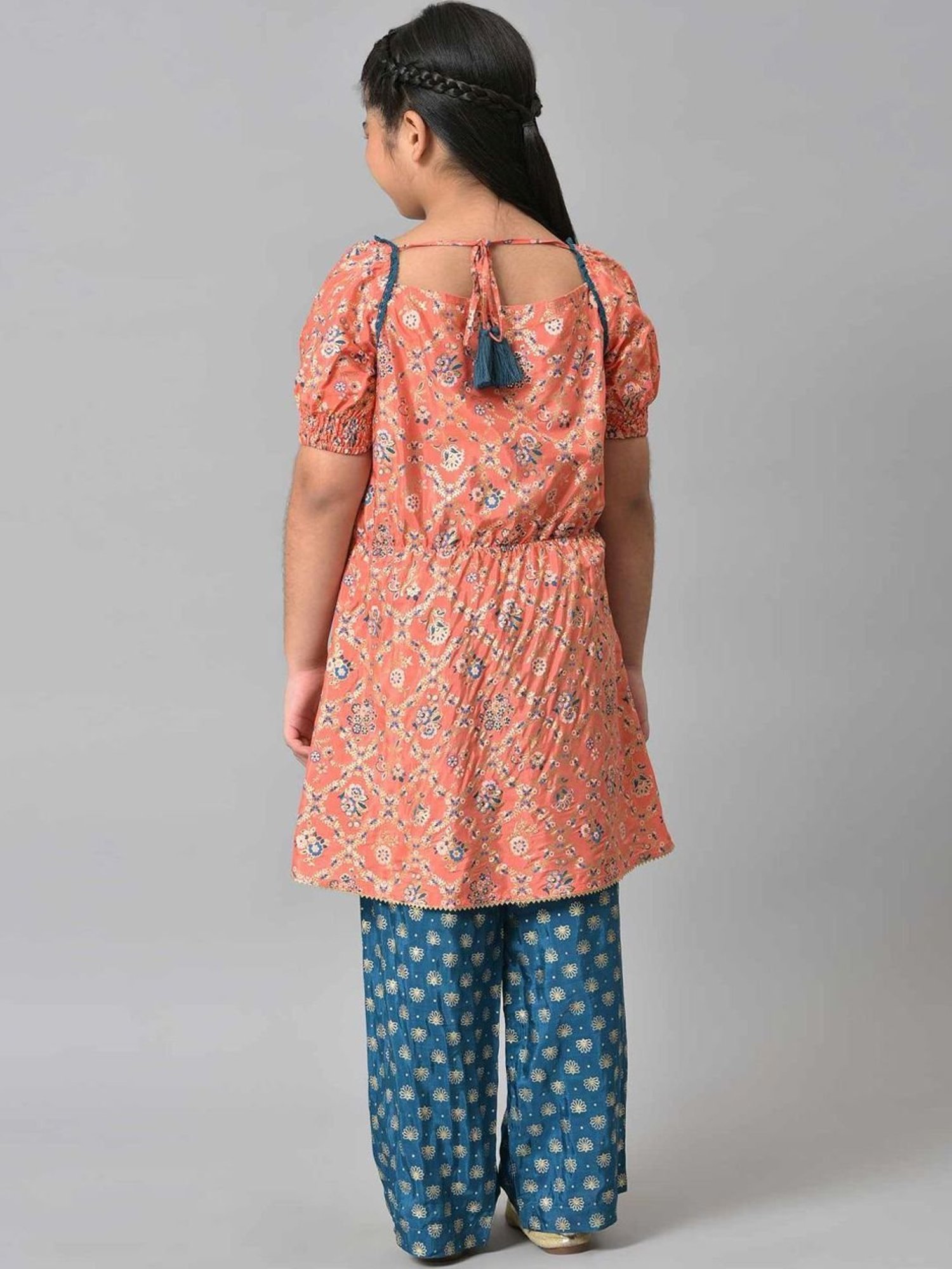 Aurelia Kids Peach & Blue Floral Print Kurta Set