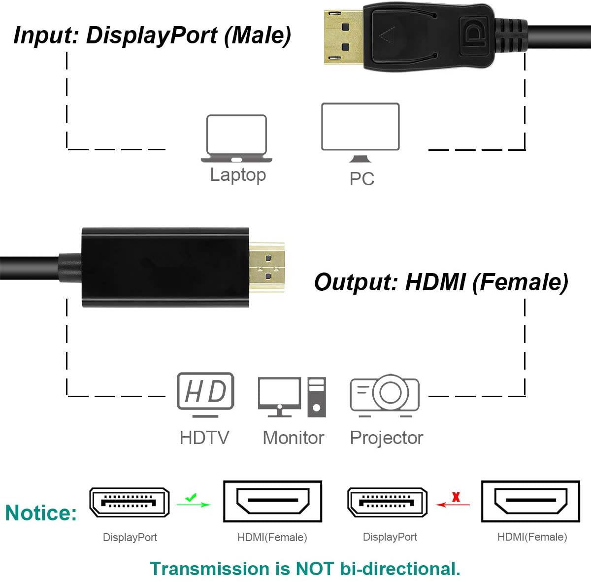 DisplayPort to HDMI 6 Feet Cable, YXwin DisplayPort to HDMI Male to Male Adapter Gold-Plated Cord for Lenovo, HP, ASUS, Dell and Other Brand