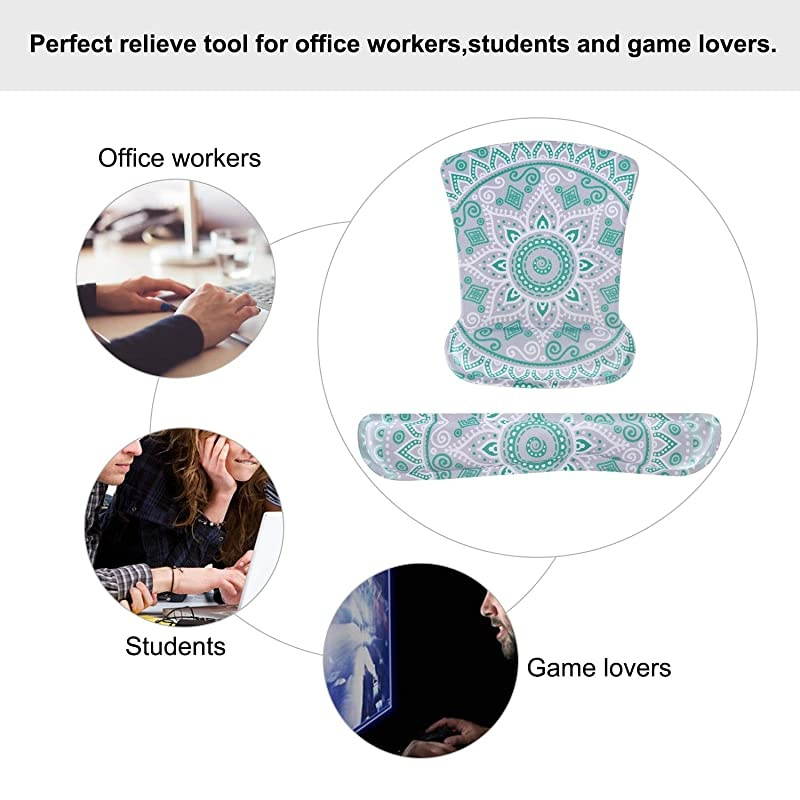 Wrist Rest Support for Mouse Pad Keyboard Set Ergonomic Mousepad NonSlip Rubber Base HomeOffice Pain Relief Easy Typing Cushion with Neoprene Cloth Raised Memory Foam Mint Mandala