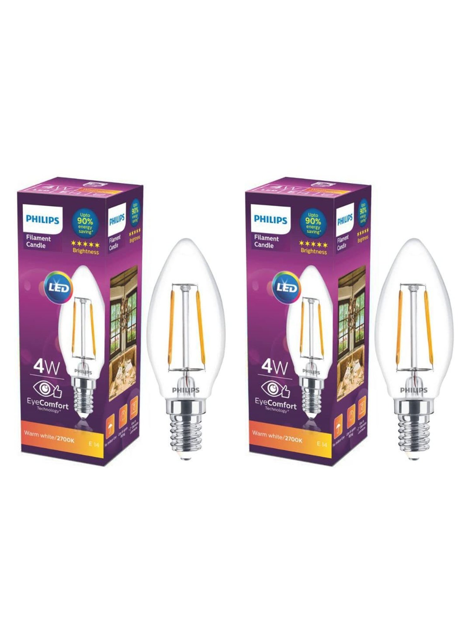 Philips 4-Watt Filament Candle LED Bulb Pack of 2 (Warm White)