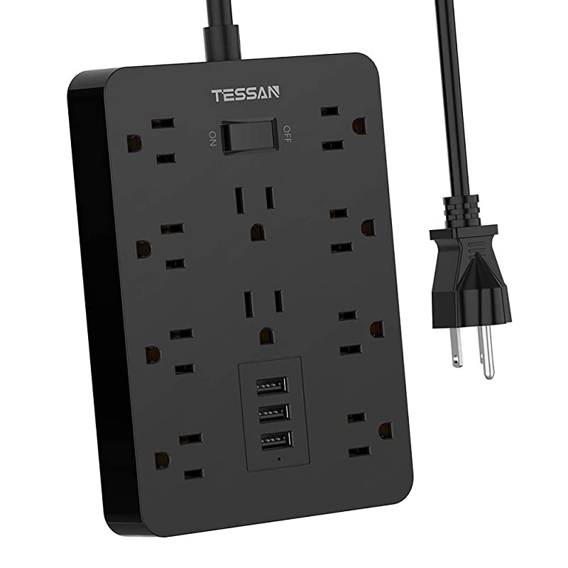 Surge Protector with USB  Power Strip Flat Plug with 10 Widely Spaced AC Outlets and 3 Charging Ports 1875W 15A 5FT 1700 Joules Wall Mount Extension Cord for Home and Office Black