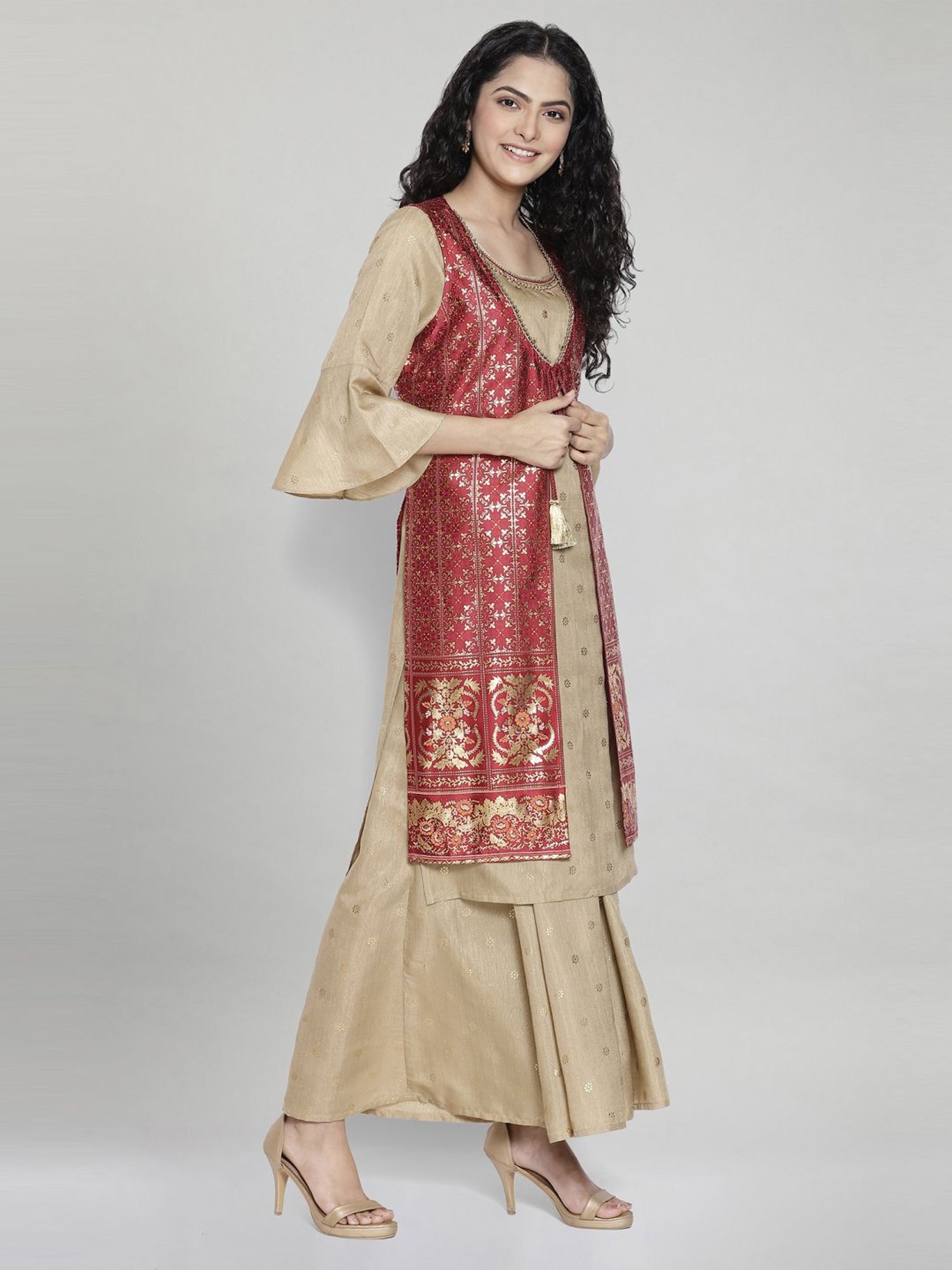 Aurelia Beige Embellished Kurta Palazzo Set With Gilet