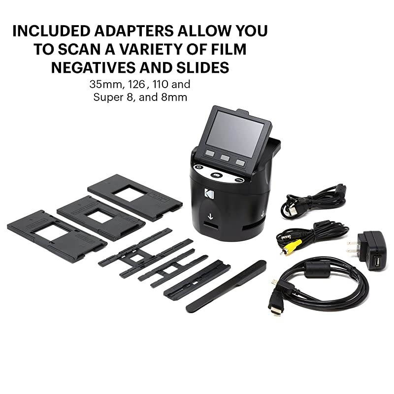 SCANZA Digital Film & Slide Scanner - Converts 35mm, 126, 110, Super 8 & 8mm Film Negatives & Slides to JPEG - Includes Large Tilt-Up 3.5" LCD, Easy-Load Film Inserts, Adapters & More