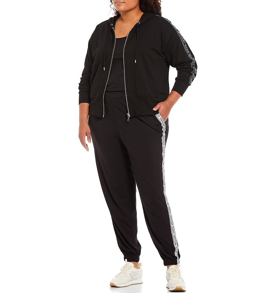 MICHAEL Michael Kors Plus Size Long Sleeve Logo Tape Zip Up Cotton Blend Terry Hoodie