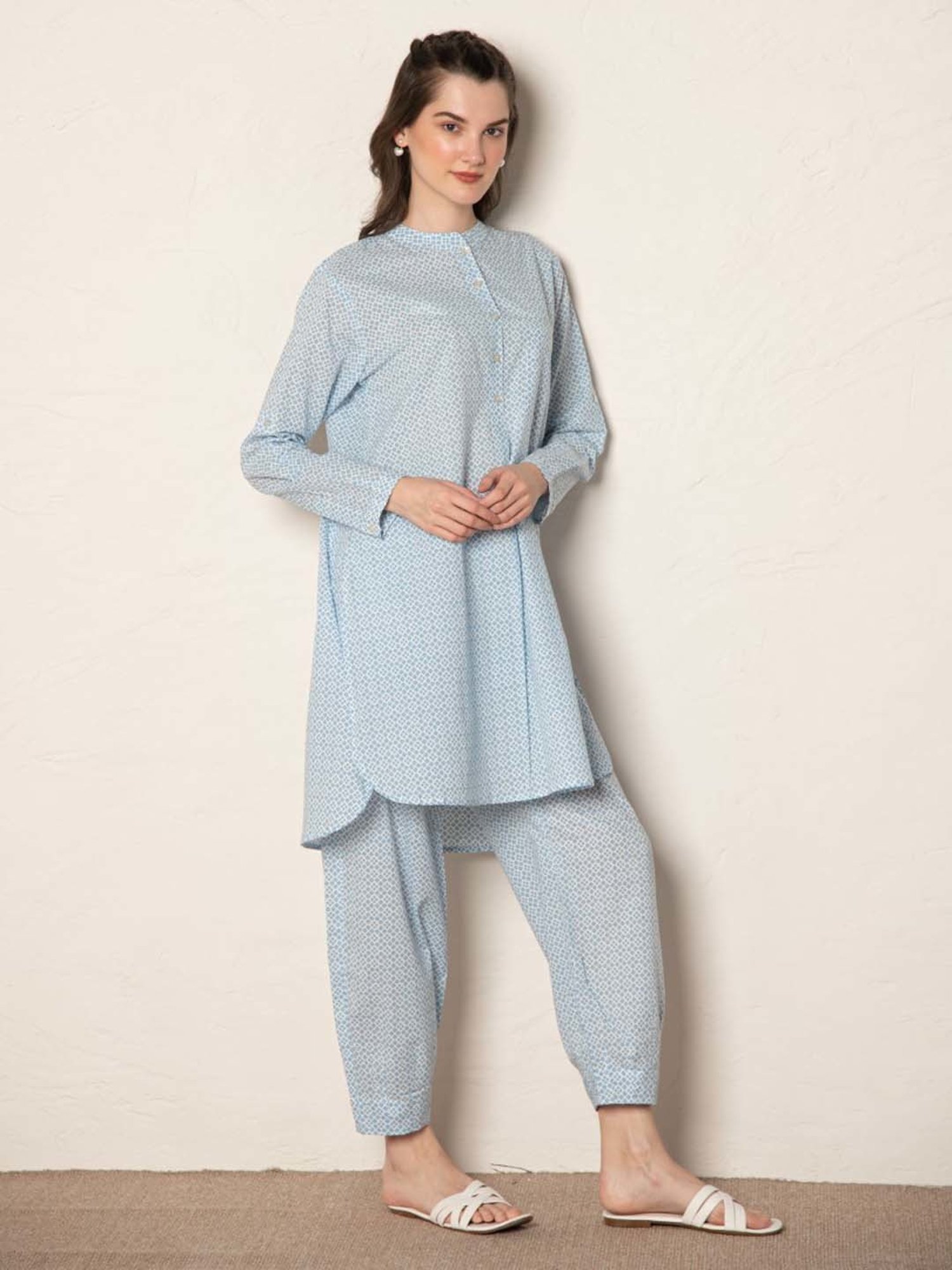 Ekohum Blue Cotton Printed Loose Fit Up-Down Kurta with Pant Co-Ord Set