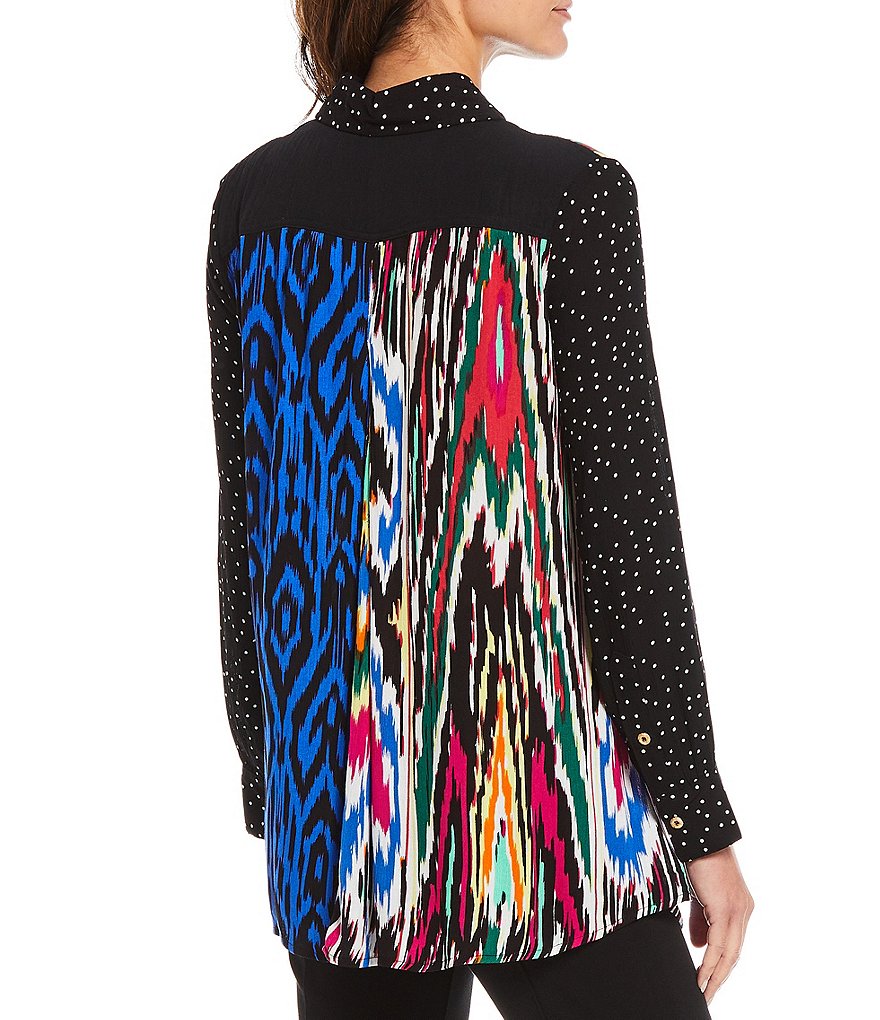 Calessa Patchwork Mixed Print Long Sleeve Button Front Shirt