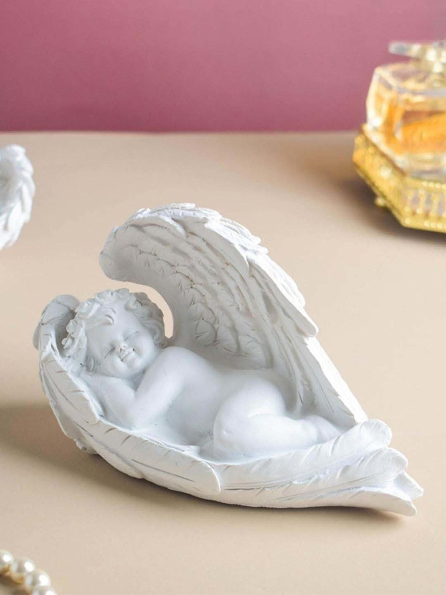 Nestasia Beautifully Crafted White Resin Made Sleeping Angel With Wings Statue I Perfect For Gifting