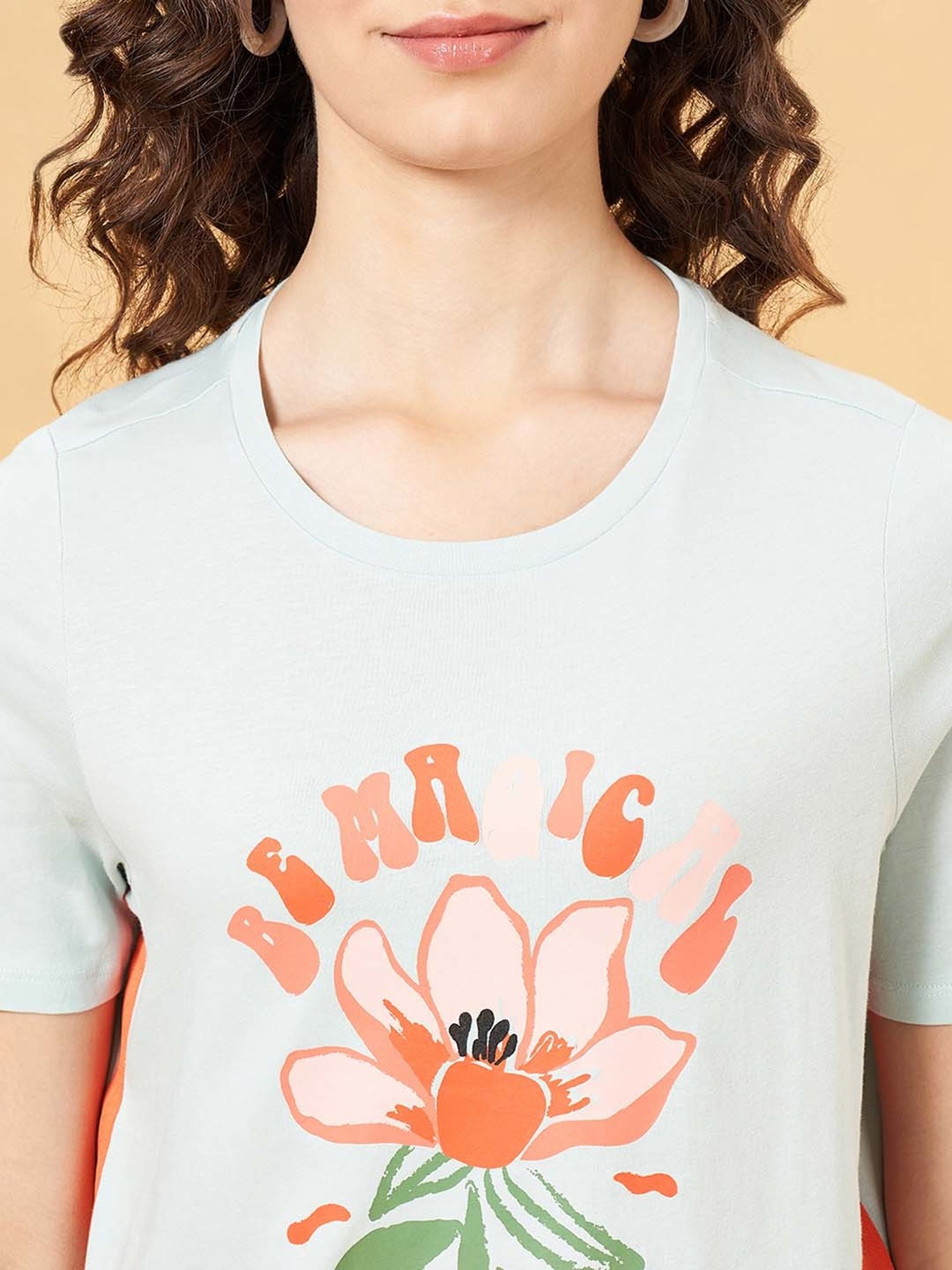 People by Pantaloons Green Cotton Printed T-Shirt