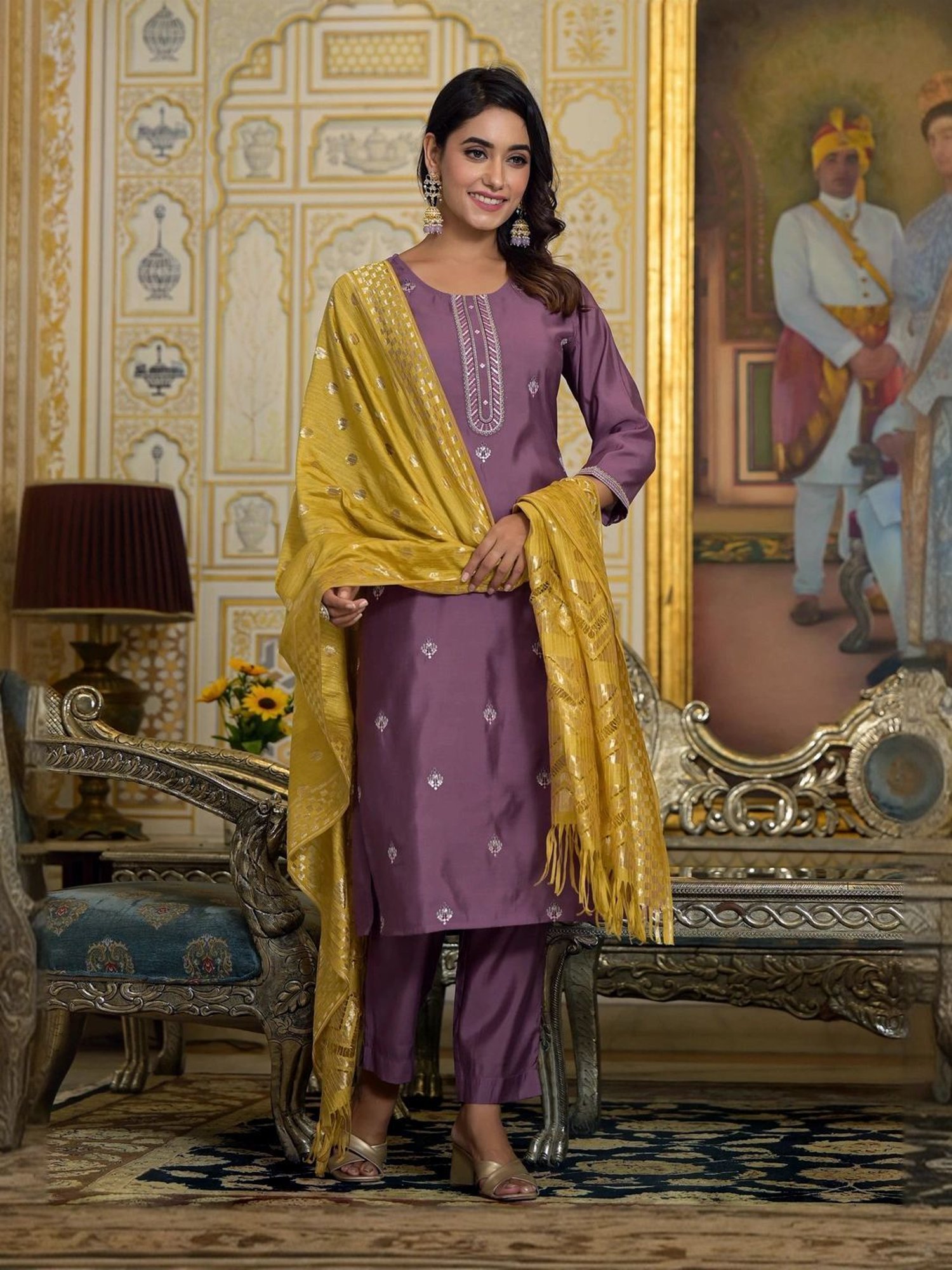 Juniper Purple Embroidered Kurta Pant Set With Dupatta