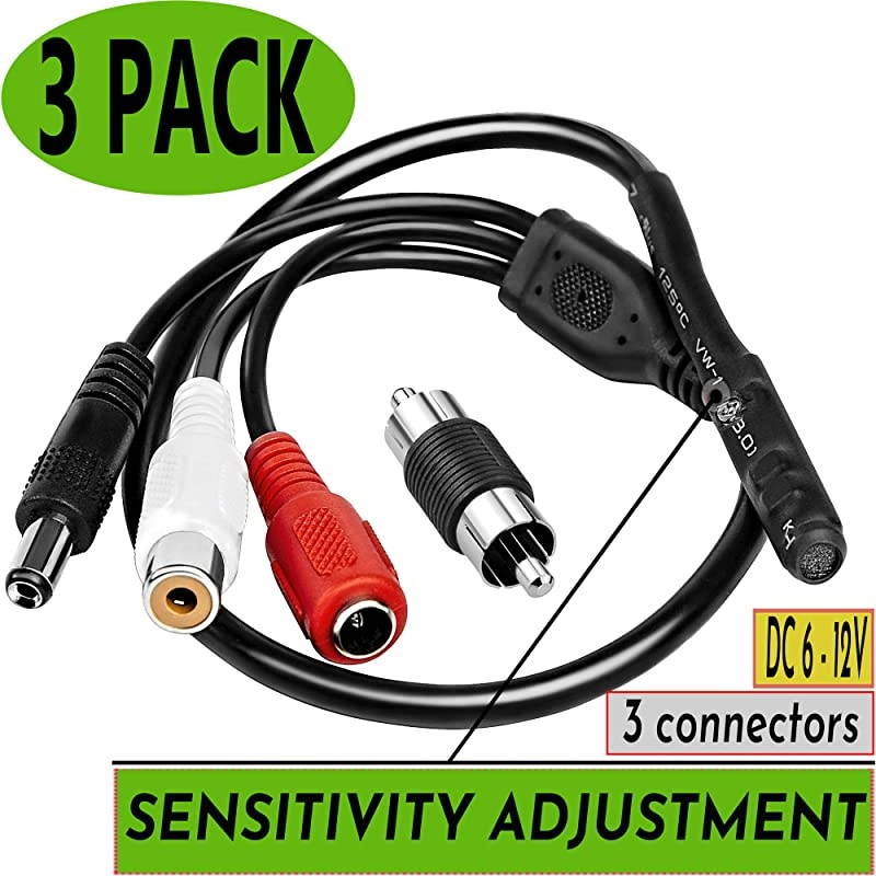 Microphone Security Microphone Audio Microphone Tiny Outdoor Surveillance Microphone RCA Microphone DVR with High Sensitive Preamp Amplified Pickup Device Mic External Camera Sound (3Pack)