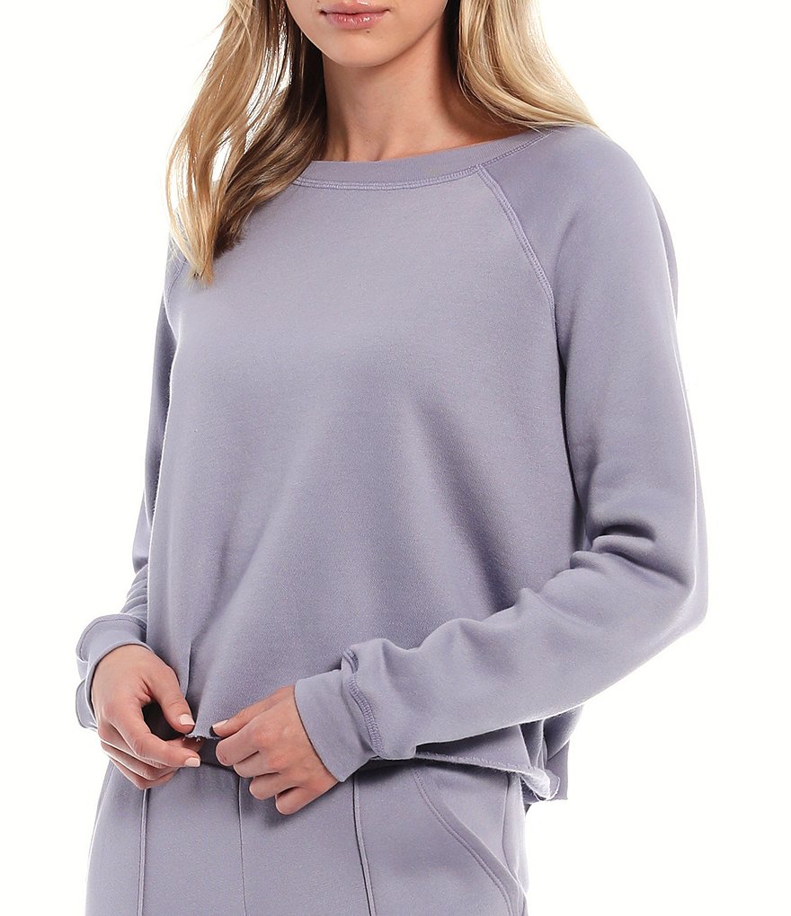 JALA Solid French Terry Cropped Crew Neck Long Sleeve Lounge Top