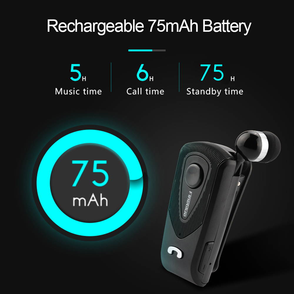 Fineblue F930 Clip-on Bluetooth 4.1 Headphones In-ear Cable Retractable Earphone Stereo Music Headsets Hands-free Calling Multi-point Black for Bluetooth-enabled Devices