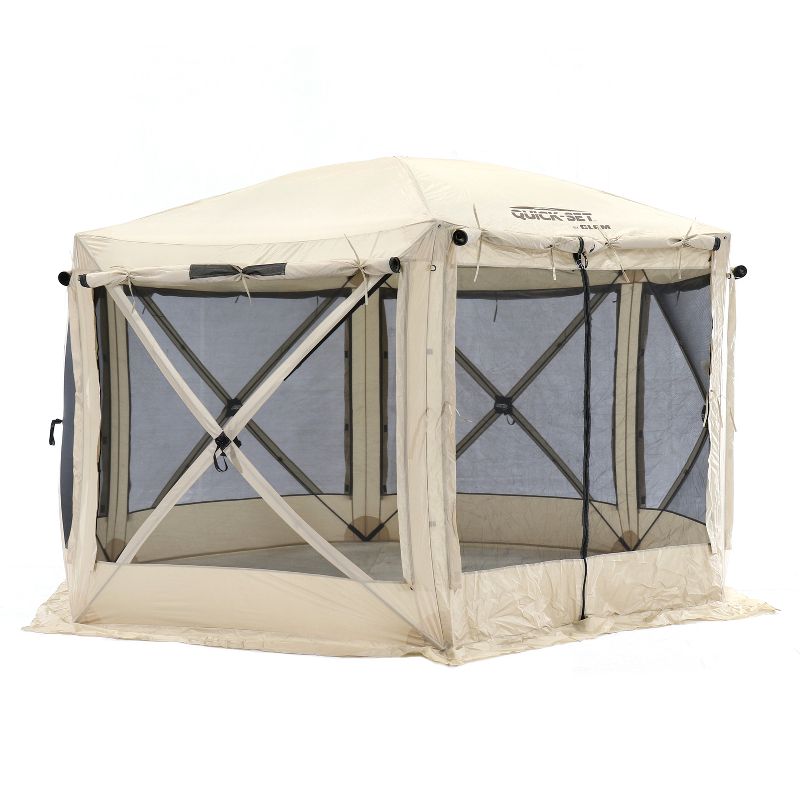 CLAM Quick-Set Pavilion 12.5 x 12.5 Foot Portable Pop-Up Outdoor Camping Gazebo Screen Tent 6 Sided Canopy Shelter with Ground Stakes & Carry Bag, Tan