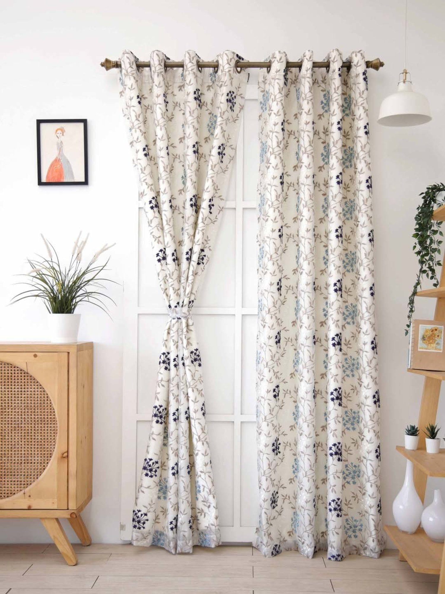 Ariana Beige & Blue Polyester 7 Ft Door Curtain - Single Piece
