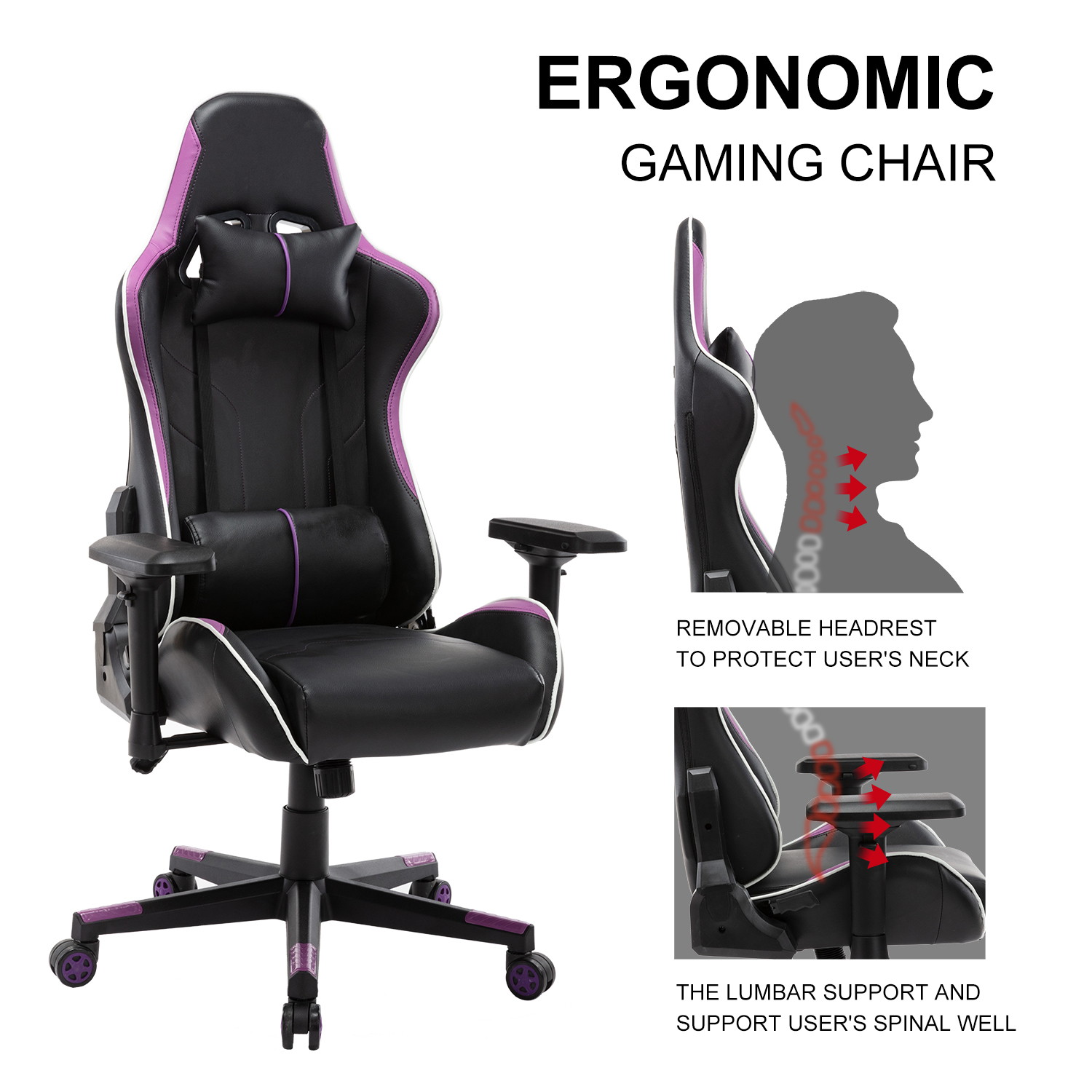 Gaming Chair Ergonomic PU Leather Office Chair High Back Computer Chair Adjustable Back Desk Chair with Adjustable Armrests Headrest and Lumbar Support