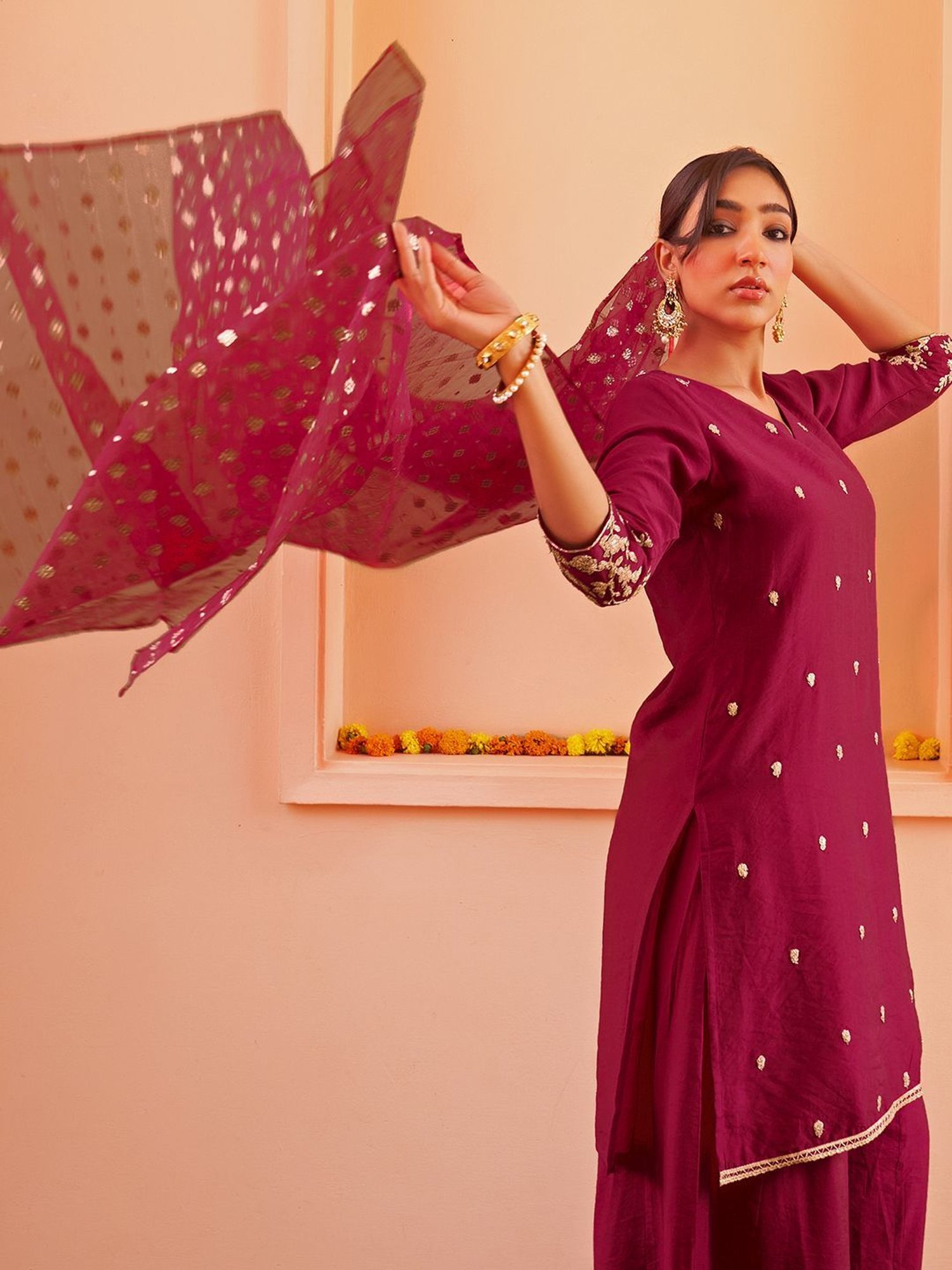 Janasya Pink Embellished Kurti Sharara Set With Dupatta