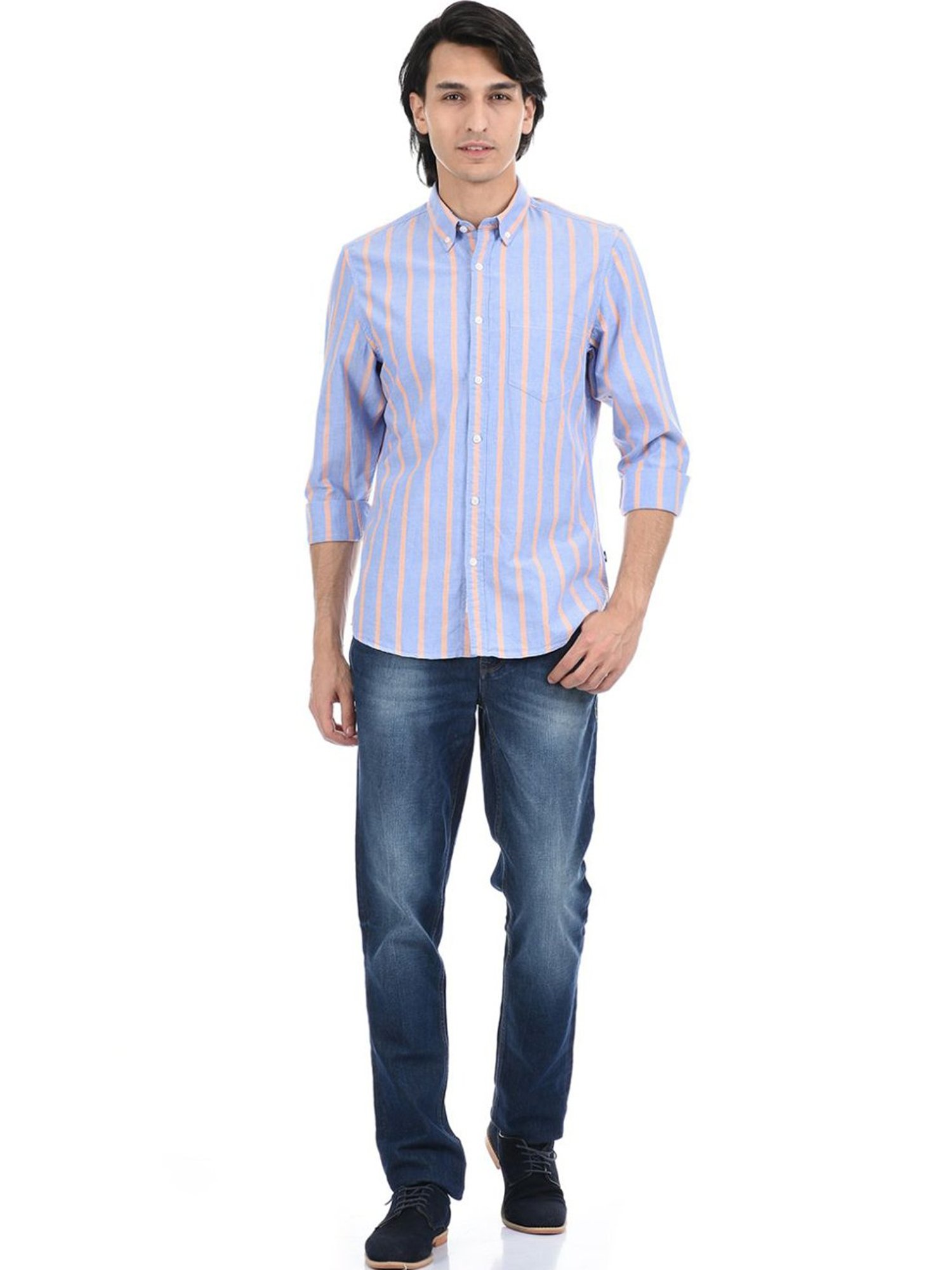 London Fog Blue Regular Fit Striped Shirt