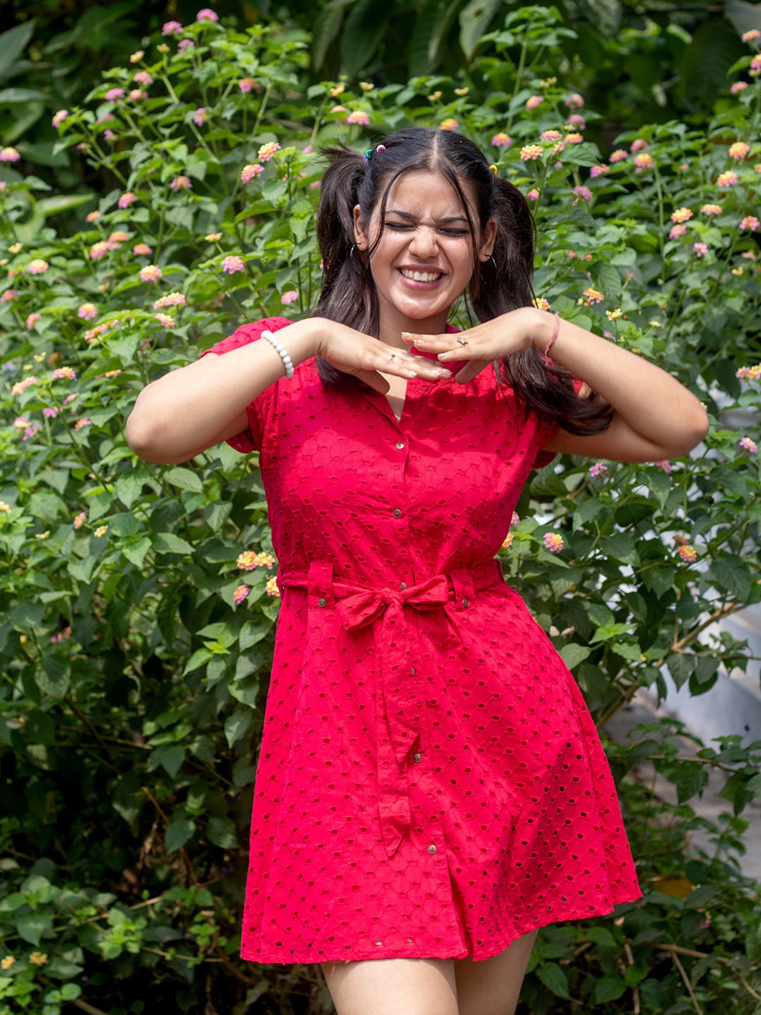 TeenTrums Girls Red Self Design Shirt Dress