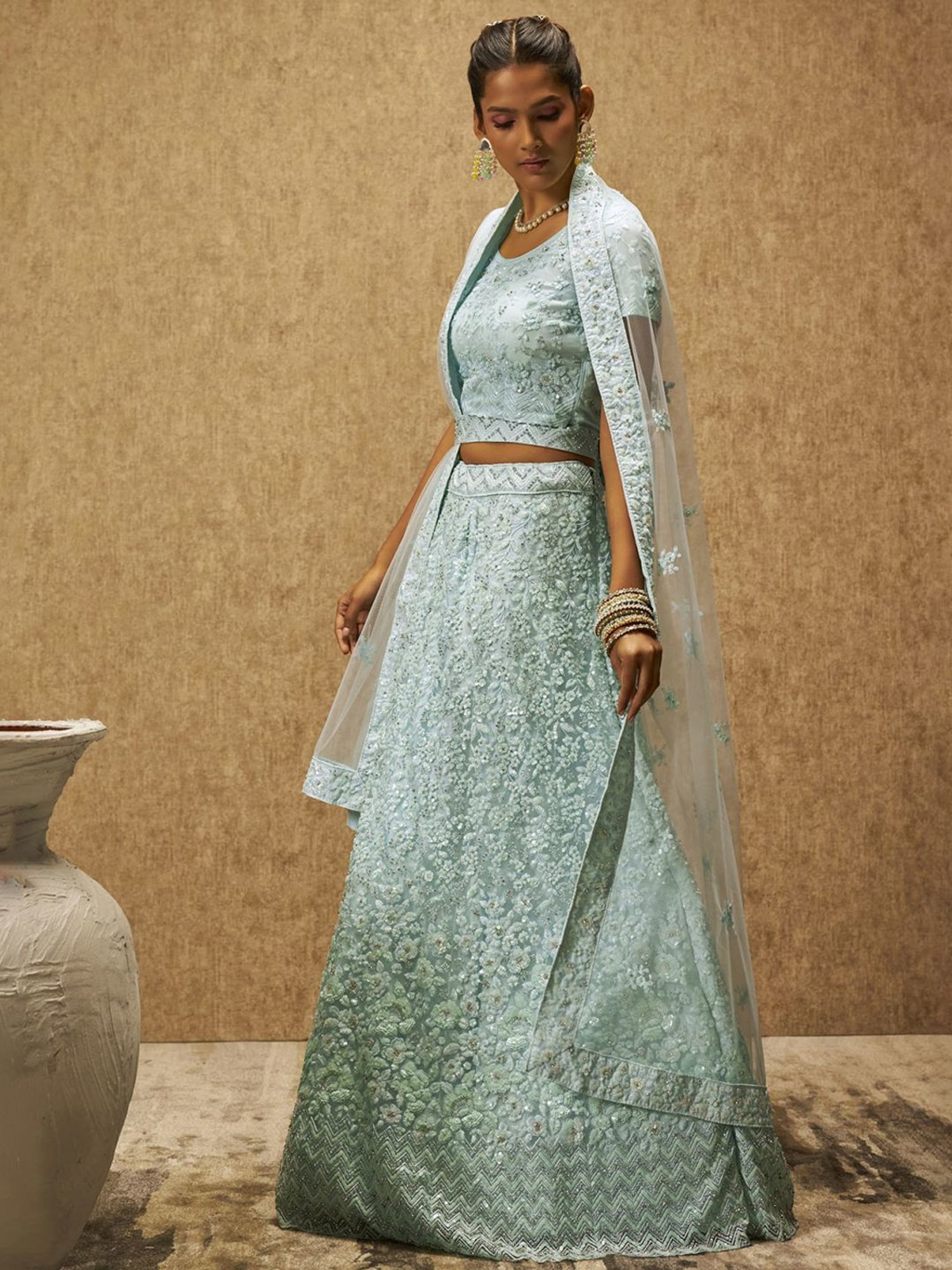 Soch Powder Blue Embellished Unstitched Lehenga Choli Set With Dupatta