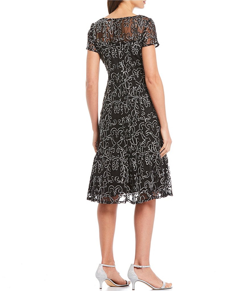 Ignite Evenings Embroidered Soutache Lace Illusion Boat Neck Short Sleeve Midi Dress