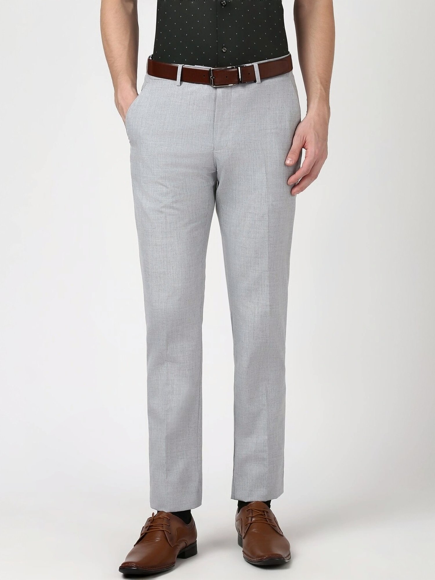 Peter England Grey Slim Fit Texture Trousers