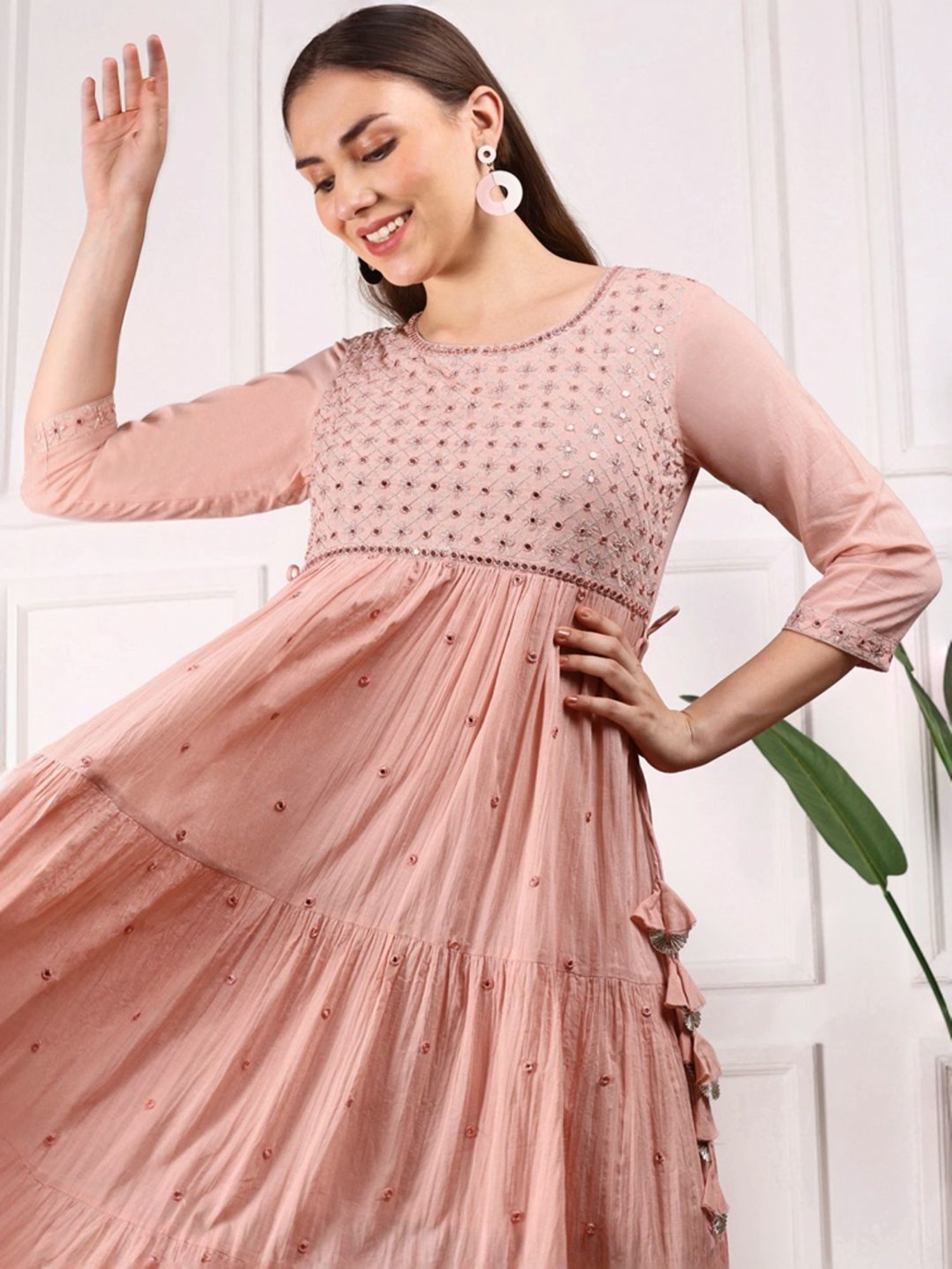 Ishin Peach Cotton Embroidered A-Line Dress