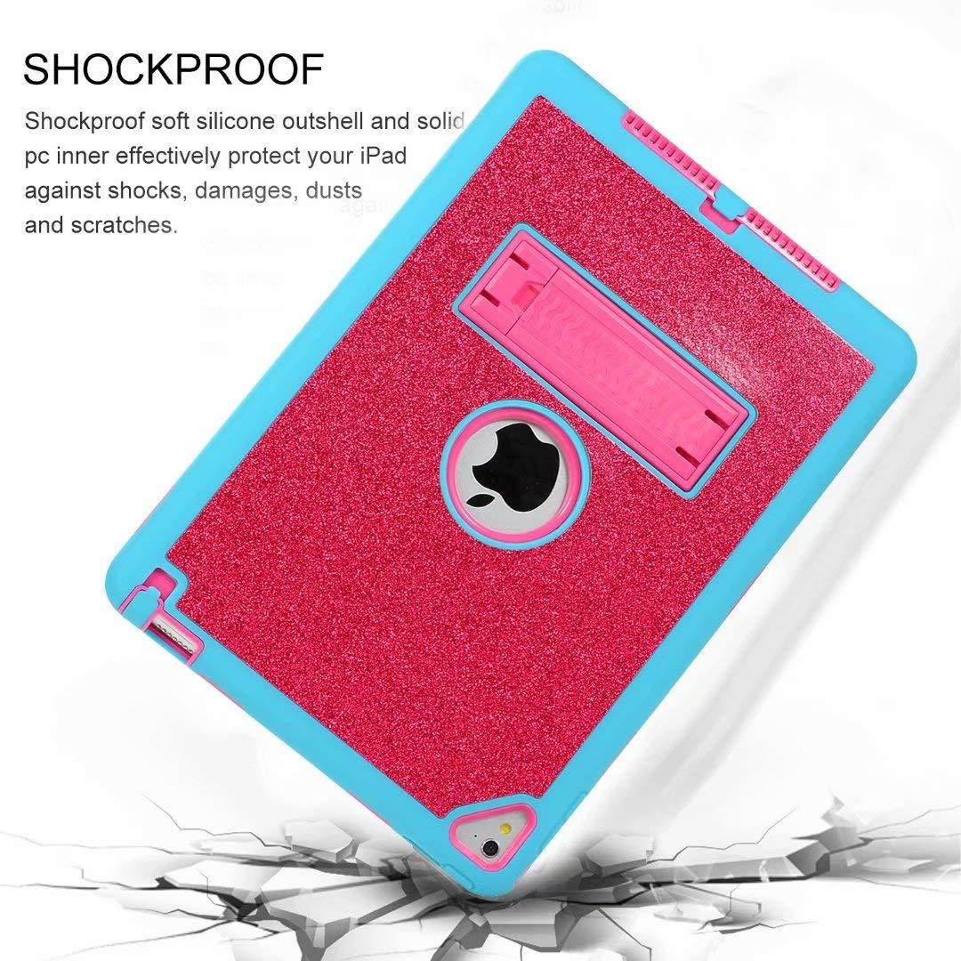 Lantier Heavy Duty Luxury Bling Glitter Kickstand Sparkle Three Layers Full-Body PC&Silicone Rugged Armor Hybrid Defender Protective Cover for New iPad 9.7 (2017/2018) Rose/Blue