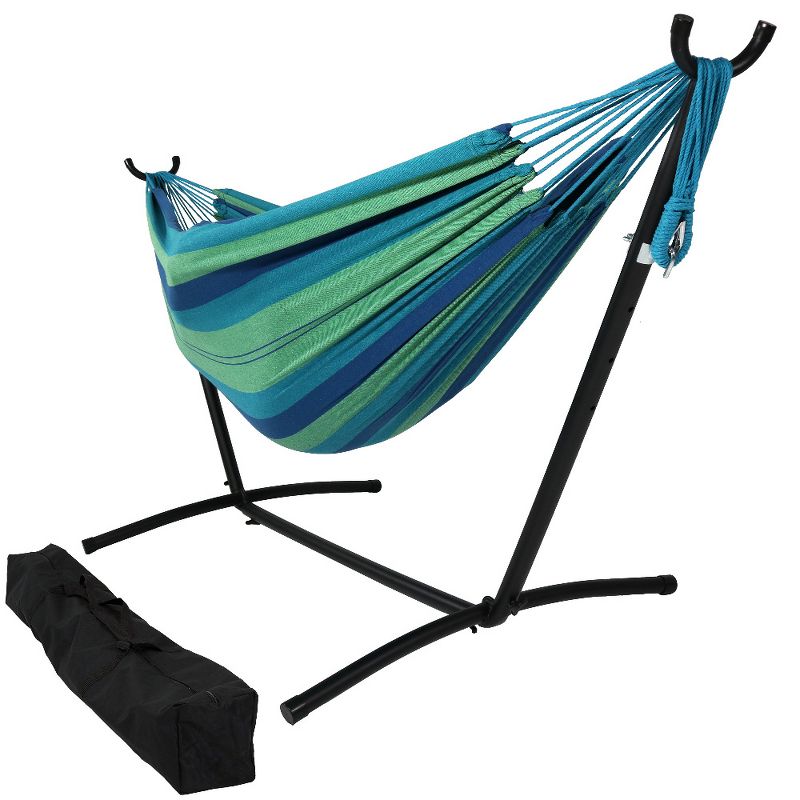 Sunnydaze Indoor/Outdoor Portable Brazilian Double Hammock with Stand and Carrying Pouch - 400 lb Weight Capacity - Beach Oasis