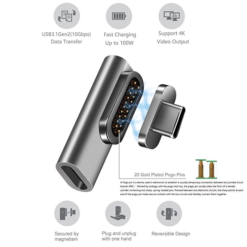 Magnetic USB C Adapter,  20Pins MagSafe to USB C Converter Support 100W Fast Charging, 10Gbps Data Transfer, 4K Video Compatible with MacBook(Pro), Dell XPS, More Type C Laptops (Silver)