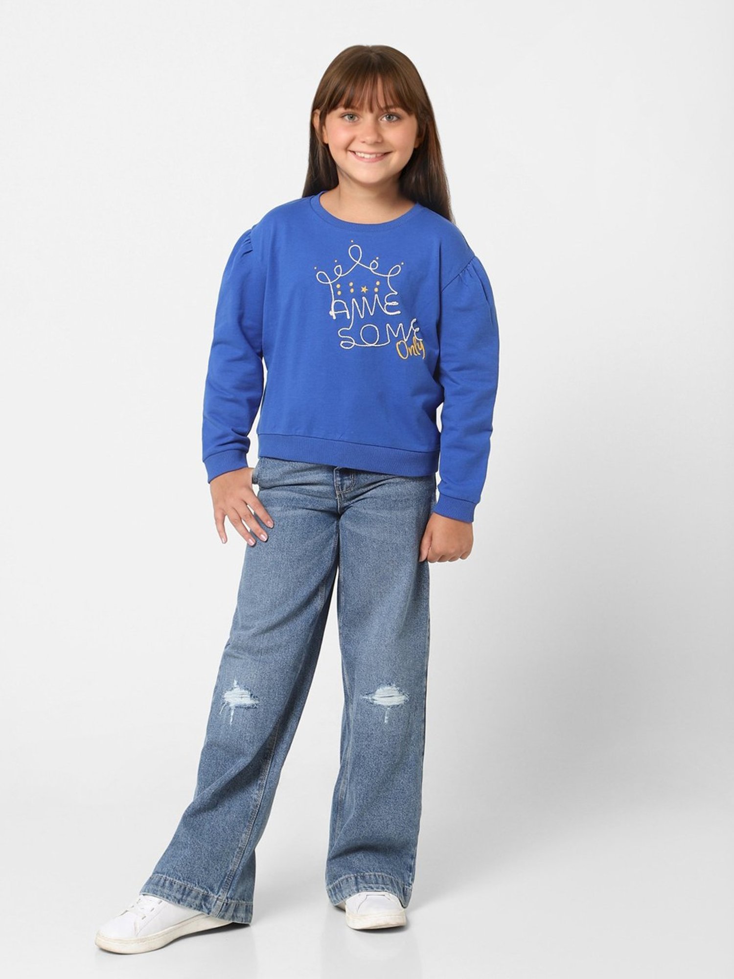 KIDS ONLY Blue Cotton Embroidered Full Sleeves Sweatshirt
