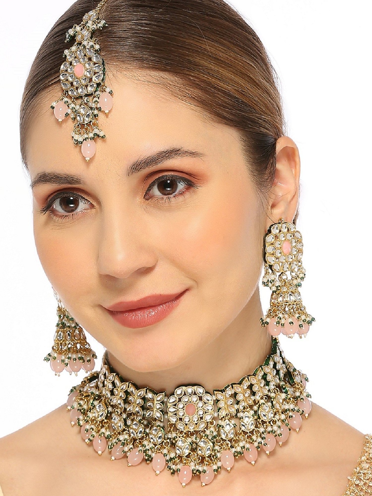Oomph Pink Jadau Ethnic Necklace, Earring & MaangTikka Set