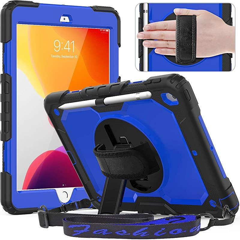 iPad 102 Case 2020 2019 iPad 8th 7th Generation Case with Pencil Holder 360&deg; Rotatable Stand with Hand Strap Shoulder Strap Builtin Screen Protector iPad 87 Generation CaseDark Blue